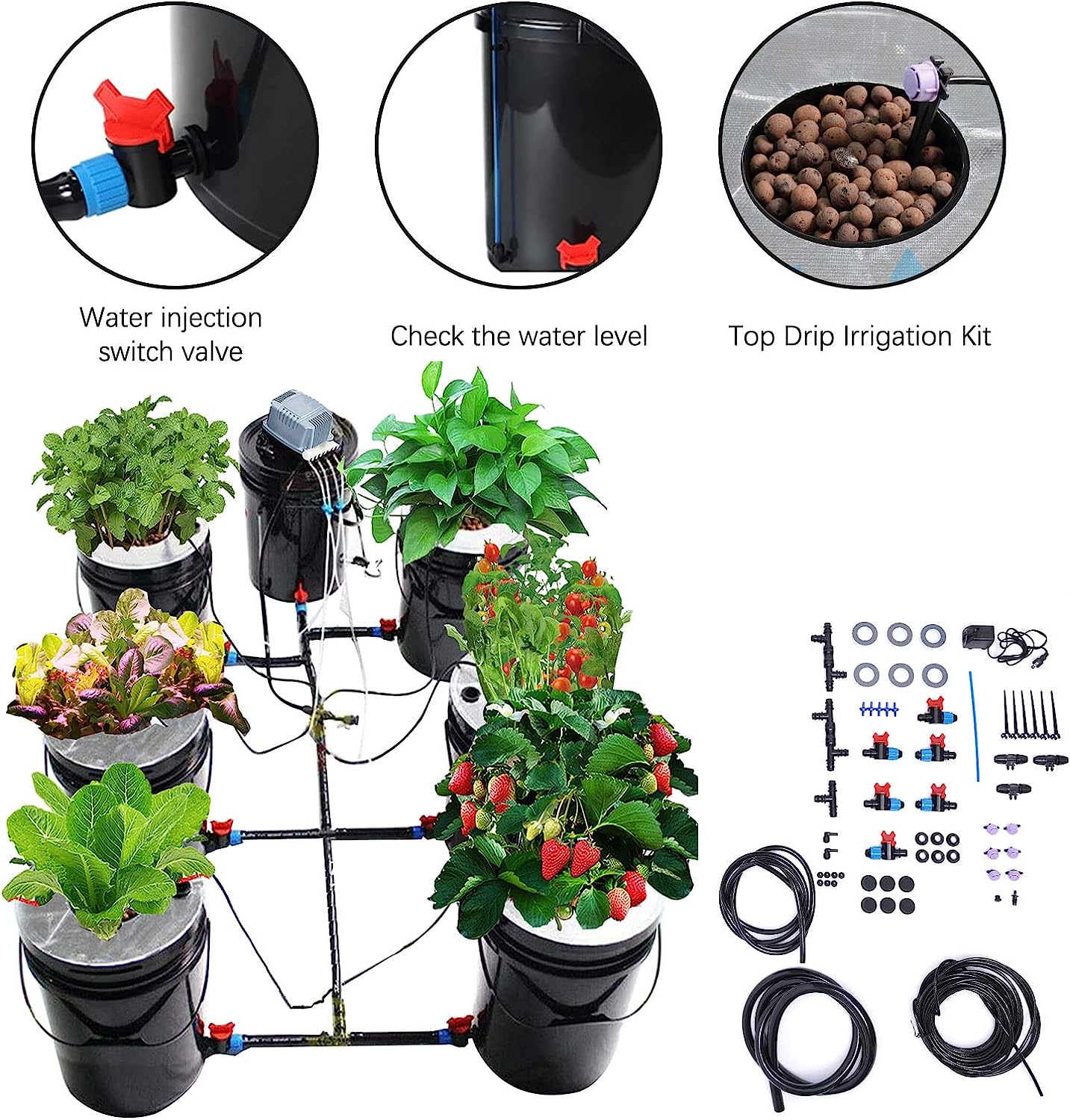 Aiqidi DWC Hydroponics Growing System, 5 Gallon 6 Buckets Recirculating Growing Kit Deep Water Culture with Water Exchange Bucket