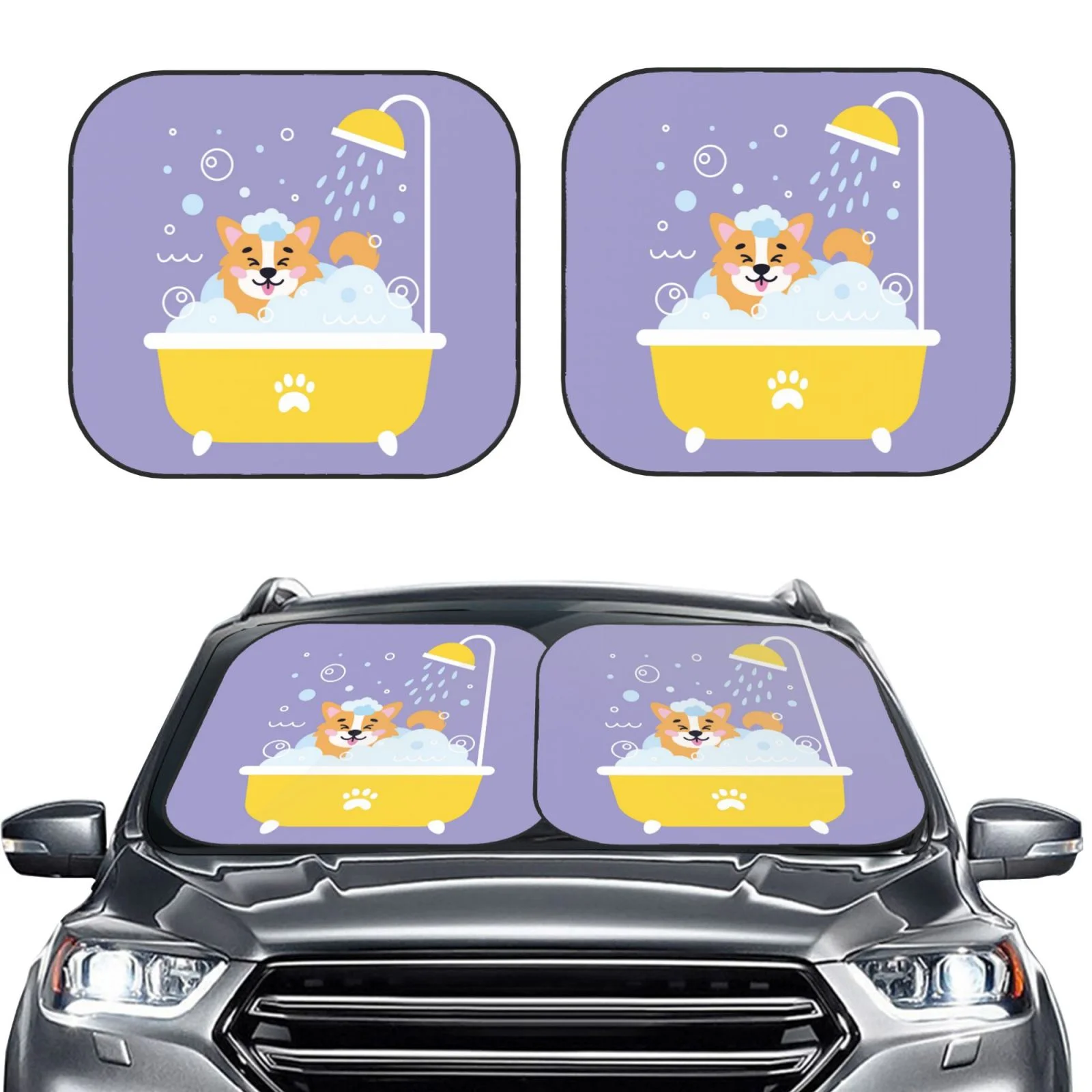 Lukts Corgi Washing In Bathtub Print 2 Piece Car Sun Shade Windshield,Foldable Car Shade Front Windshield With Keeps Your Vehicle Cool, For Most Sedans Suv And Trucks - Small