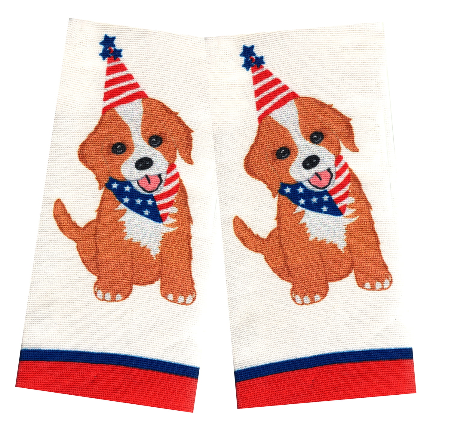 Patriotic  Dual Kitchen Towel Set, 2 Piece,  Red White Blue Puppy Design, Absorbent Cotton Terry, 16 x 26 inch