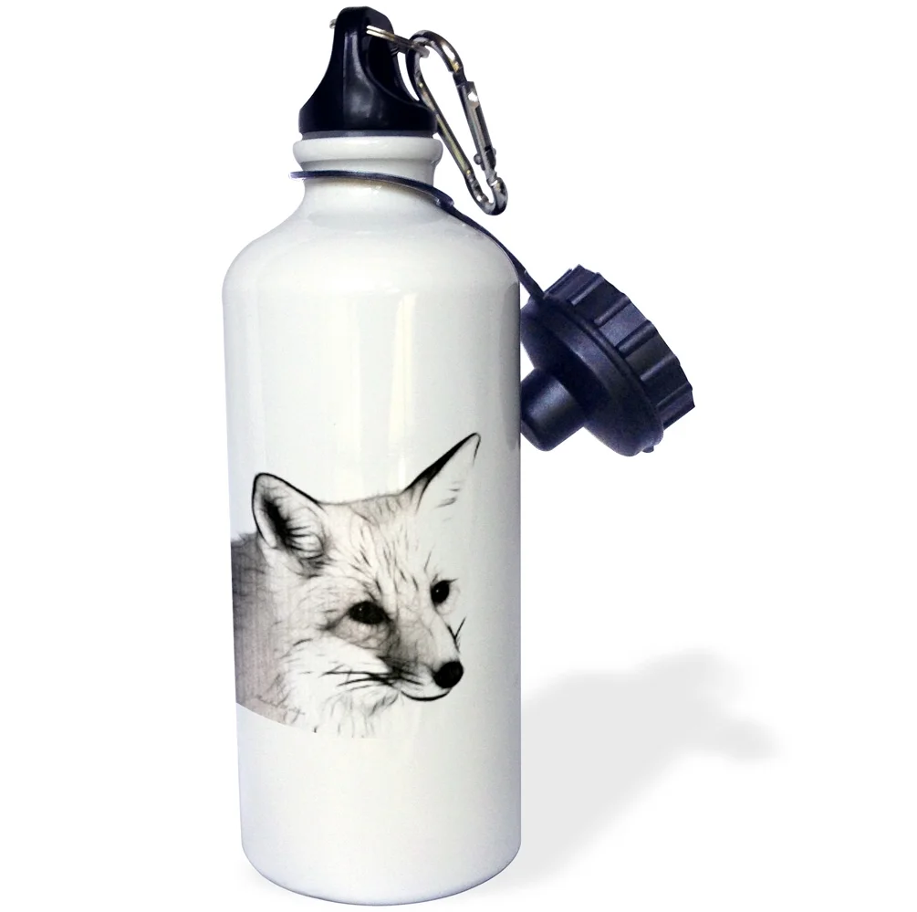 3dRose Fox b-w, Sports Water Bottle, 21oz