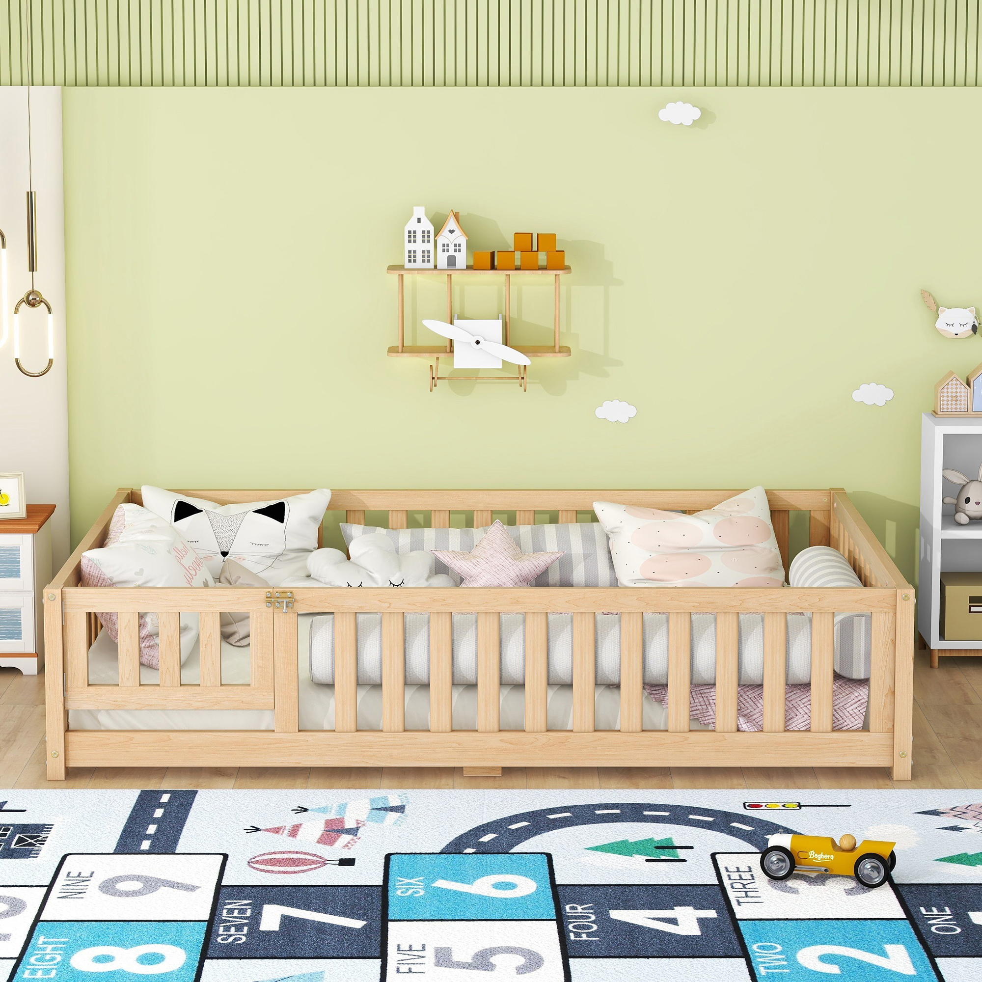 Full Size Bed Floor Bed with Safety Guardrails and Door for Kids, Natural (Expect Arrival Date Nov.20th)