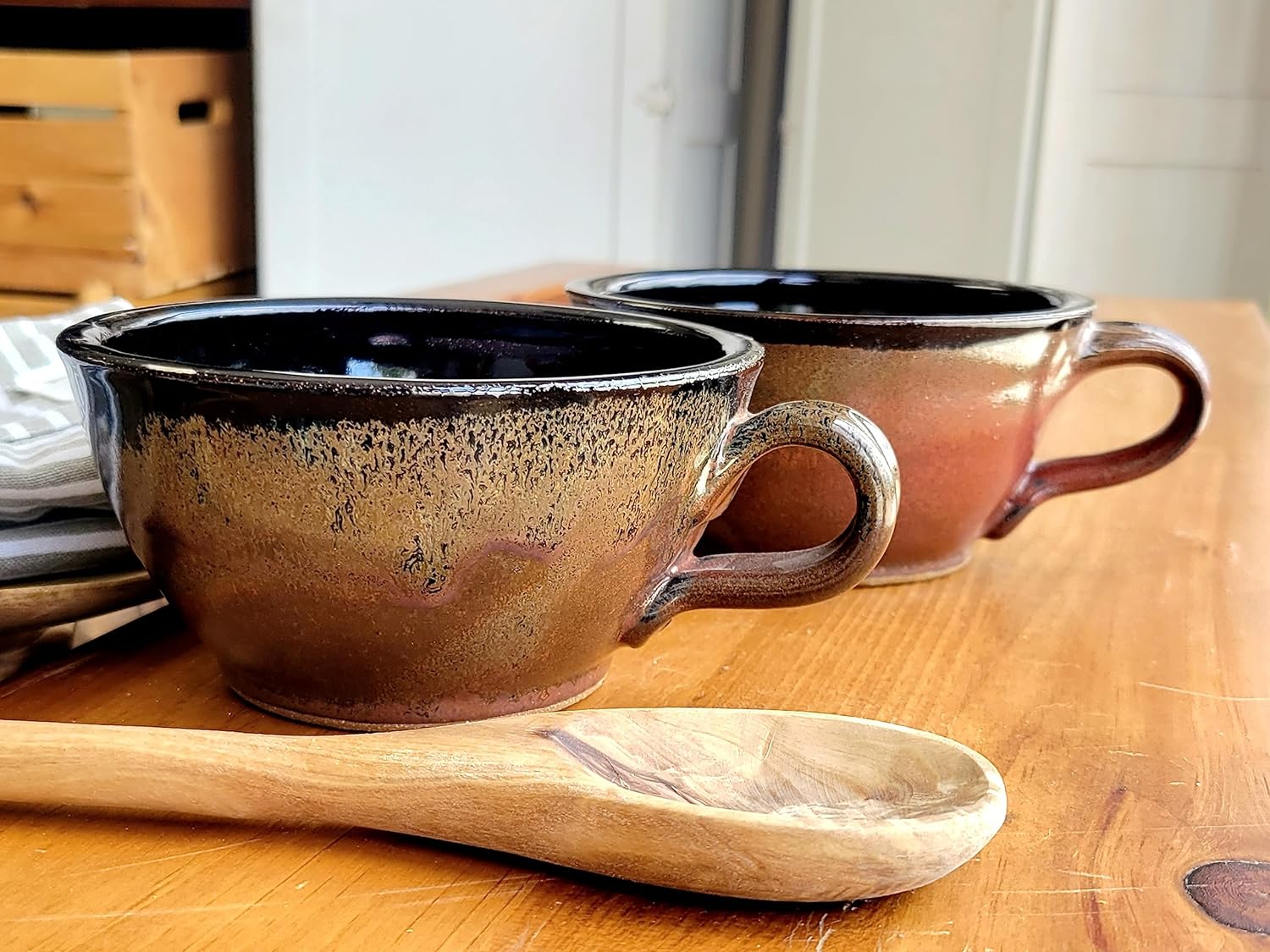 Farmhouse Soup Bowls With Handles Set Of 2 Deep Large - Hanging Kitchen Chowder Mugs - Handmade Pottery Decor (Rust W/Black)