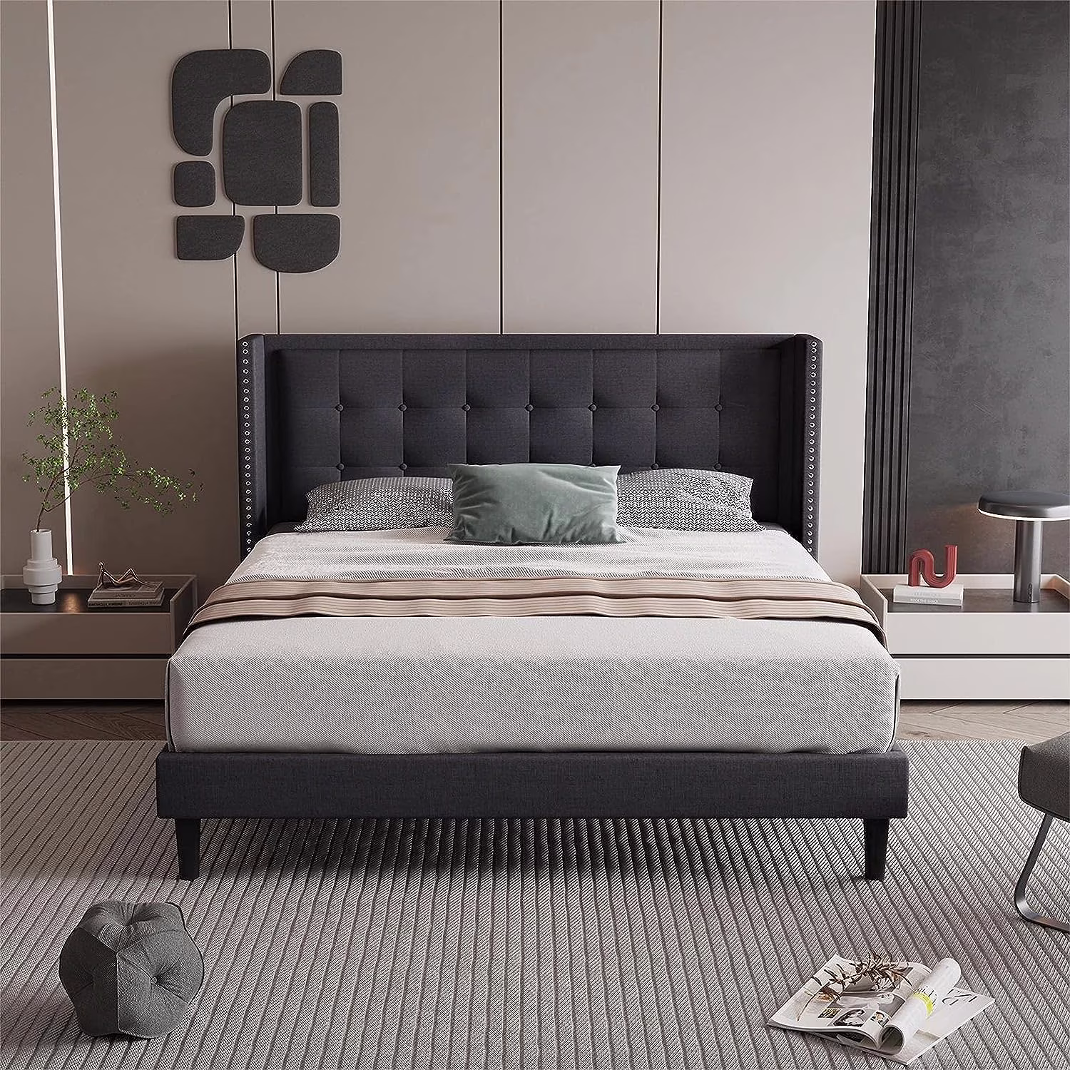 Sutaifuri King Size Upholstered Bed Frame Wingback Headboard, Adult Mordern Platform Bed Wood Slats Support/No Box Spring Needed
