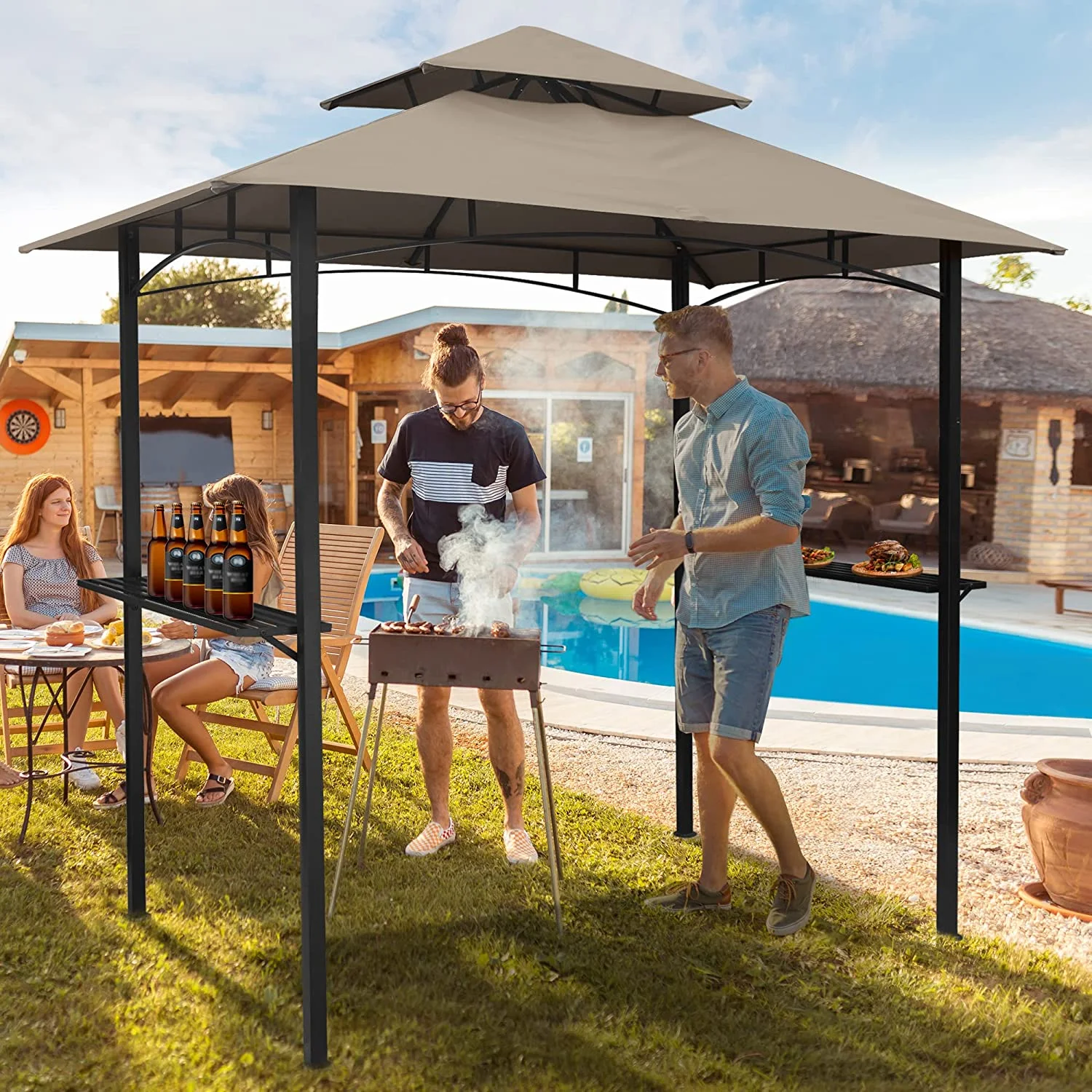 TOPCHANCES Grill Gazebo 5' x 8' Outdoor Patio Backyard BBQ Grill Shelter Double Tiered Canopy Top with Steel Frame and Bar Counter, Brown