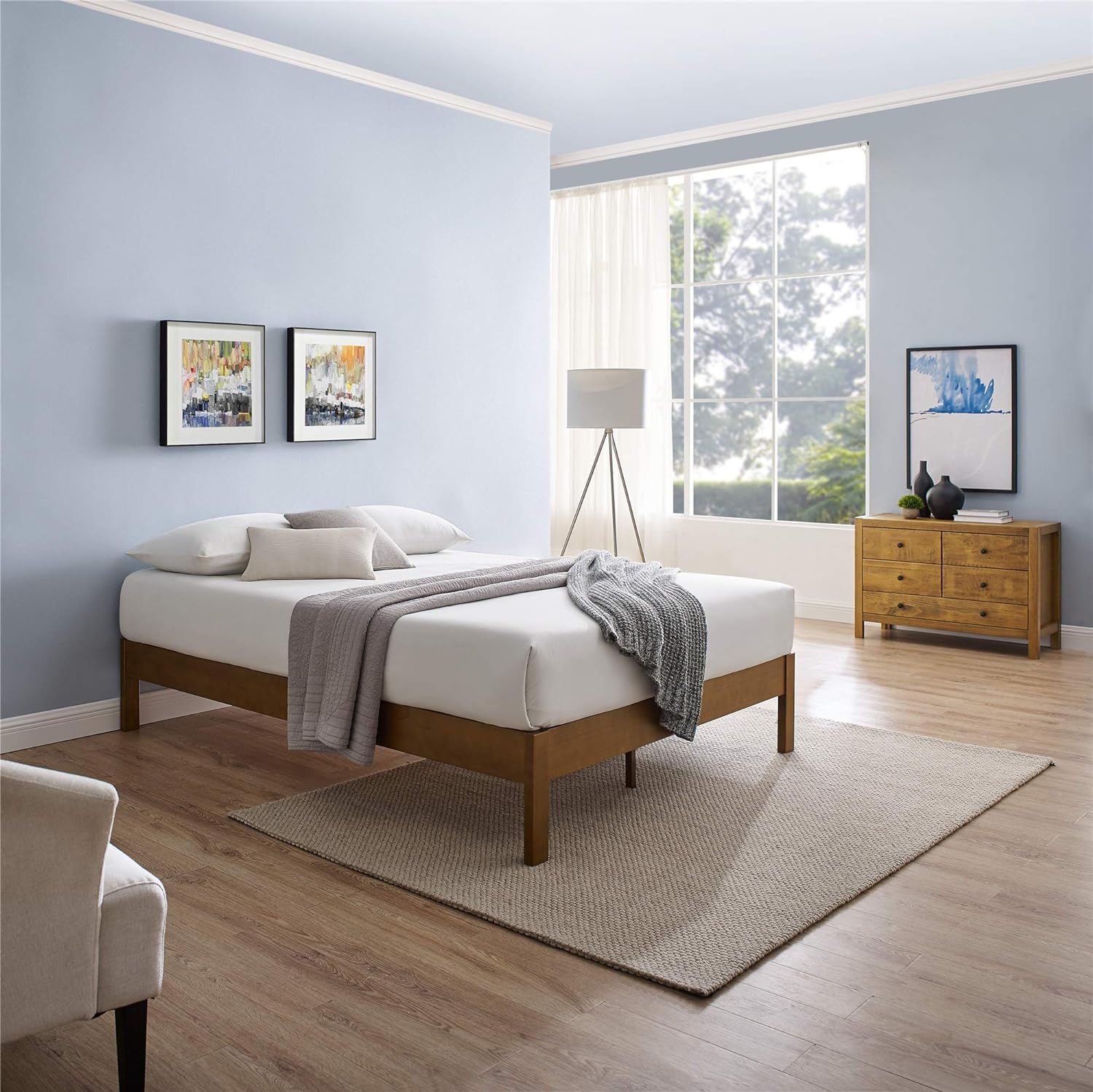 Deluxe Wood Platform Bed Frame,/Full/Queen/King Bed Frame,No Need For Box Spring,Rivet Modern Solid Pine Wood Platform Bed,Antique Espresso (Queen)