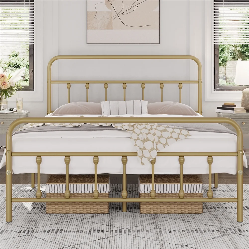 Yaheetech Classic Platform Bed with High Headboard and Footboard,Full,Antique Gold
