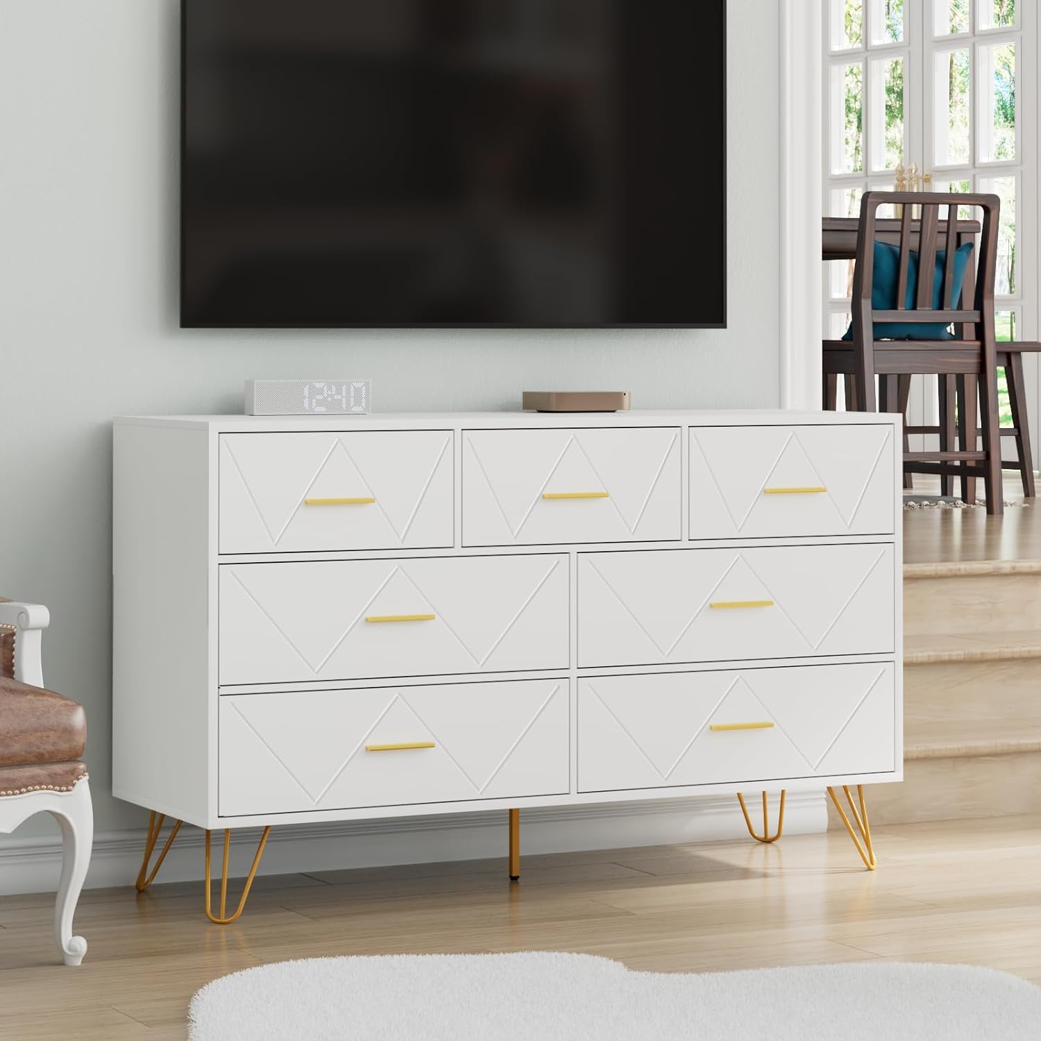 White Dresser, 7 Drawer Dresser with Metal Handles, Modern Dressers & Chest of Drawers, Wood Dresser for Bedroom