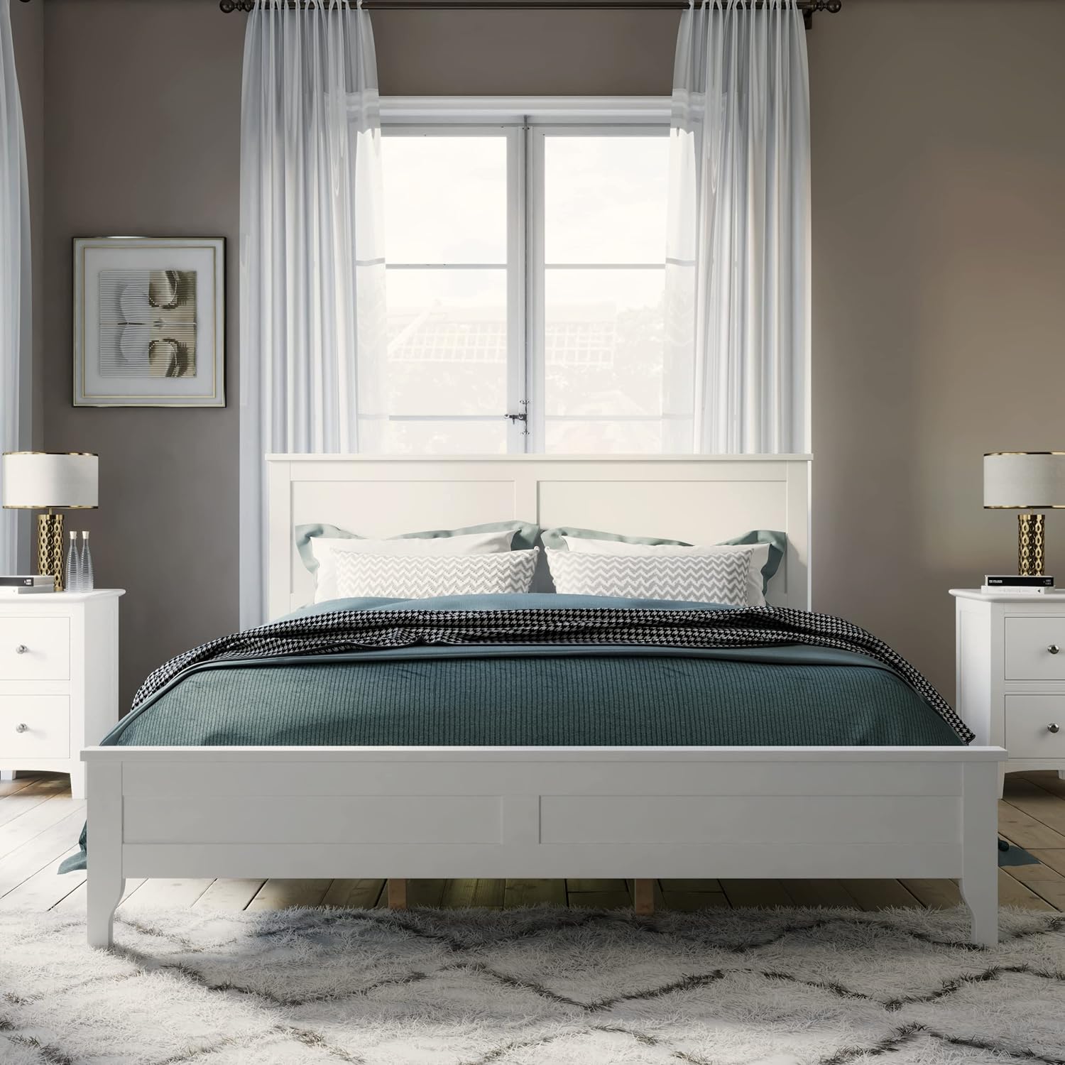 Queen Size Platform Bed, Modern Solid Wood Queen Platform Bed Frame, No Box Spring Needed, White