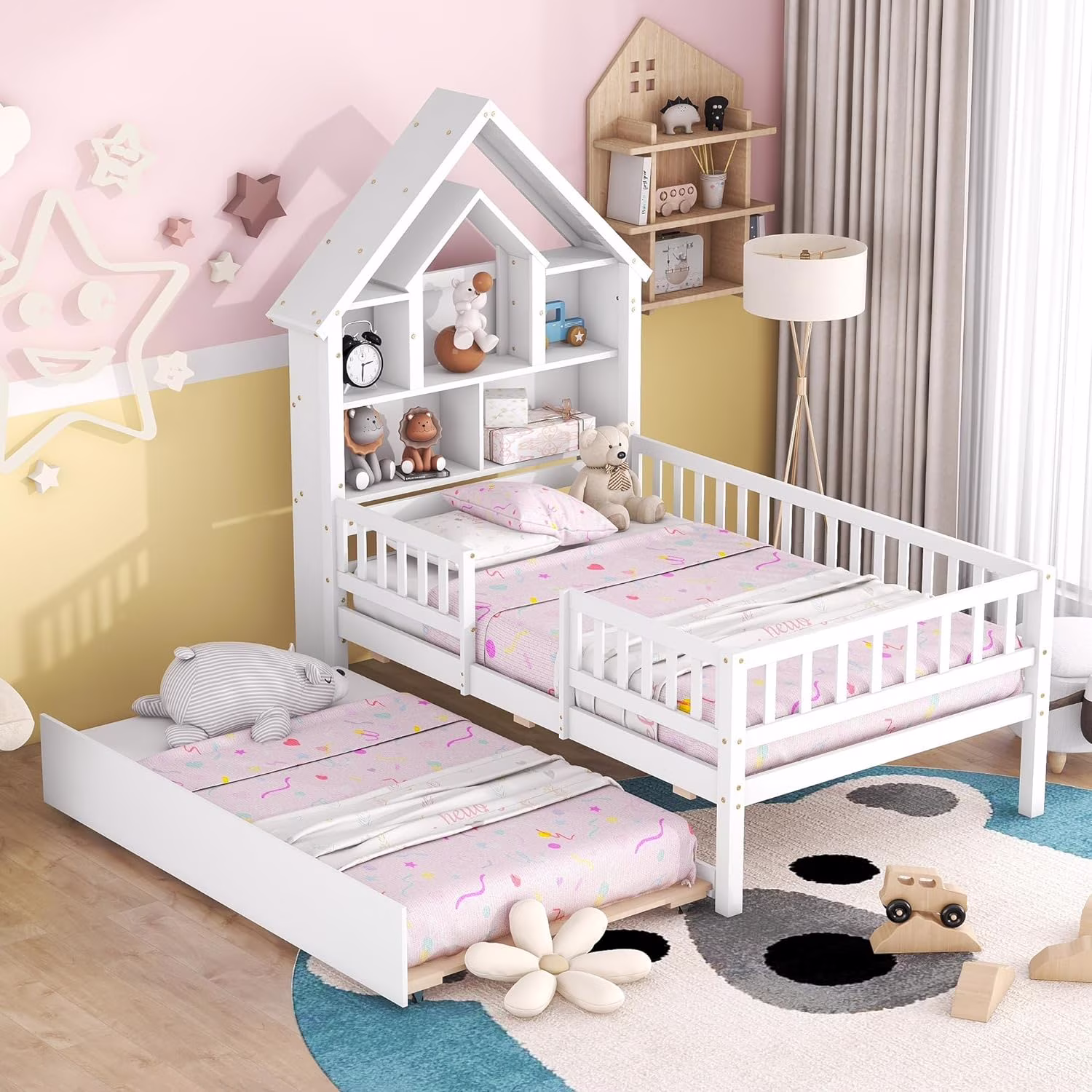Size House Bed With Bookcase Headboard, Wooden Kids Bed Frame With Fence Guardrails And Trundle, Trundle Bed With Bookcase Shelves For Girls Boys,White