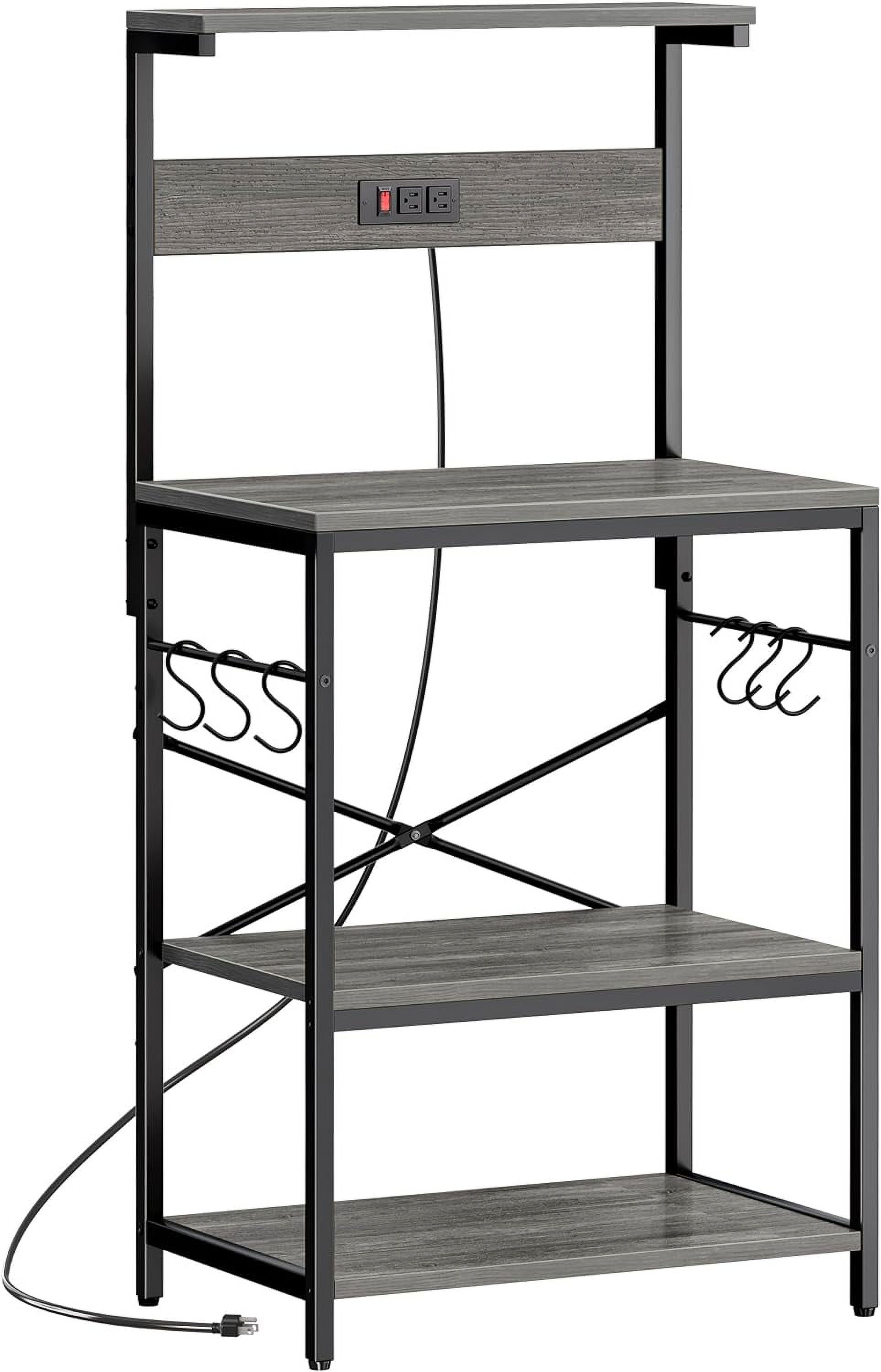 FJU Kitchen Bakers Rack with Power Outlet, Coffee Bar Table 4 Tiers, Kitchen Microwave Stand with 6 S-Shaped Hooks, Kitchen Storage Shelf Rack for Spices, Pots and Pans - Charcoal Gray