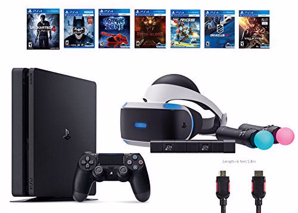 PlayStation VR Start Bundle 10 Items:VR Start Bundle,PS4 Slim- Uncharted 4,6 VR Game Disc Until Dawn:Rush of Blood, EVE:Valkyrie,Battlezone,Batman:Arkham VR, DriveClub,Battlezone