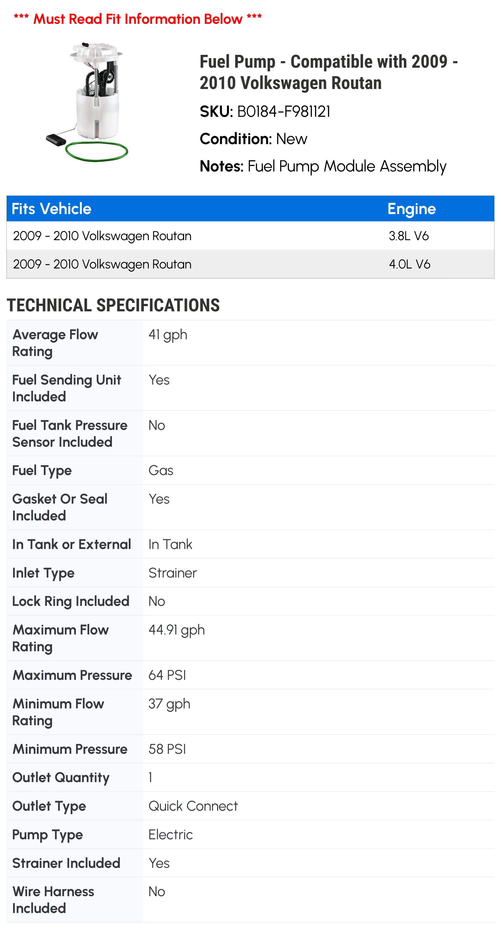 Fuel Pump - Compatible with 2009 - 2010 Volkswagen Routan