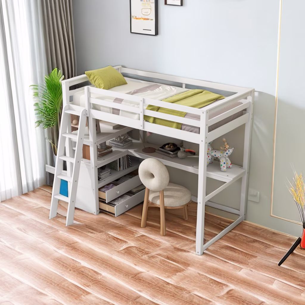 Twin Size Loft Bed Frame for Boys Girls Kids Adults Toddler with Desk and Shelves, Two Built-in Drawers