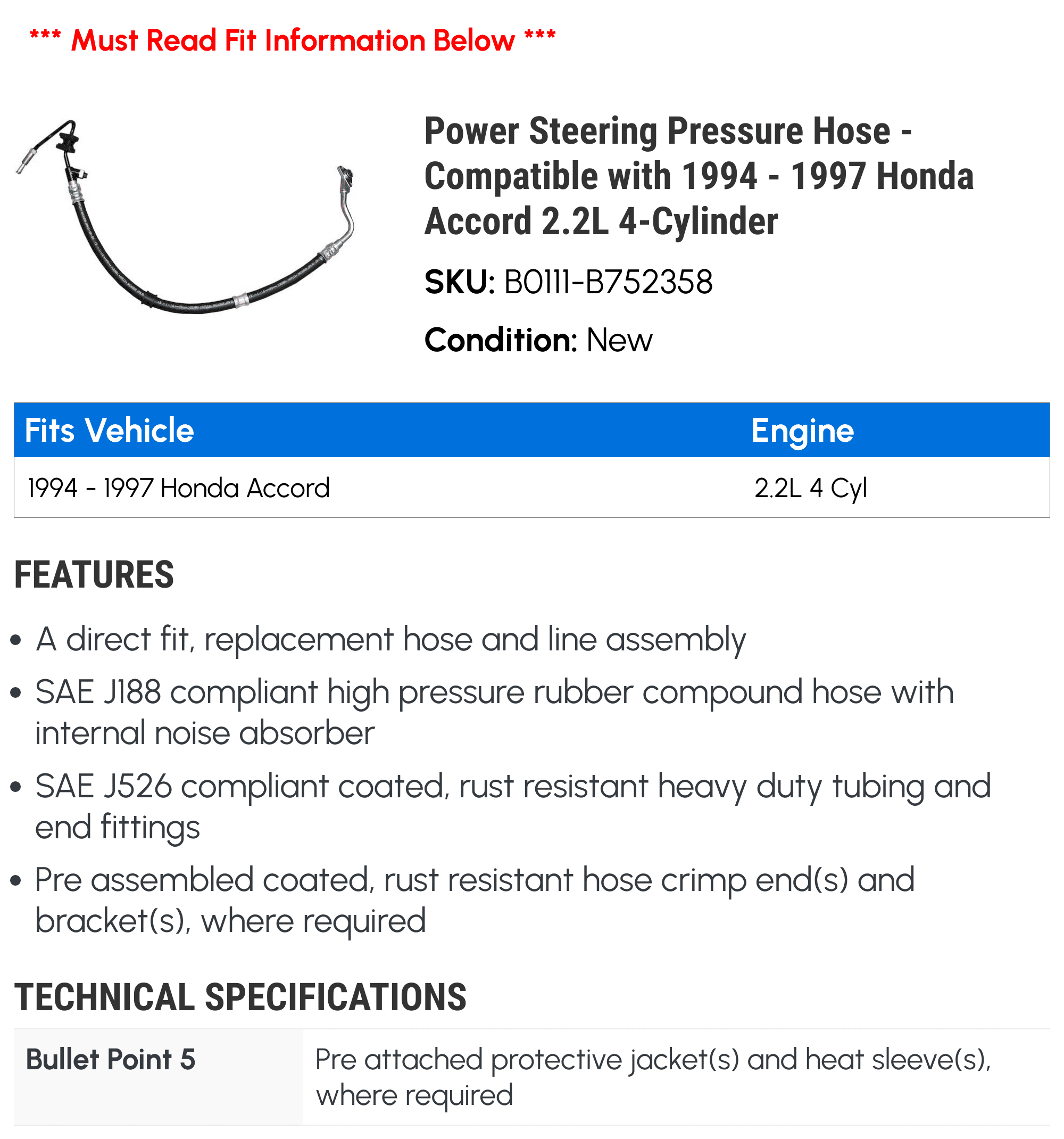 Power Steering Pressure Hose - Compatible with 1994 - 1997 Honda Accord 2.2L 4-Cylinder 1995 1996