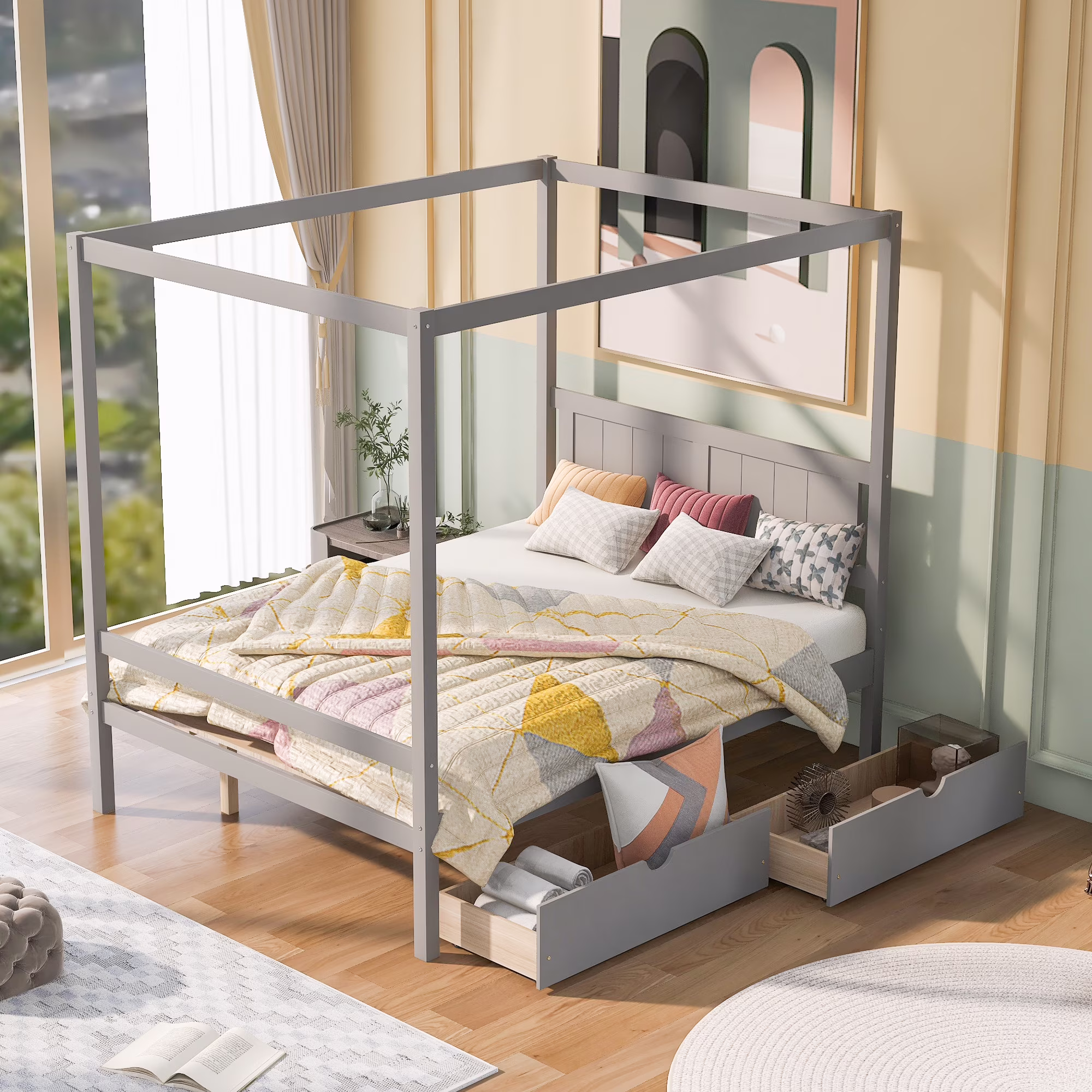 Leadzm Full Size Canopy Platform Bed with Two Drawers,With Slat Support Leg,Gray