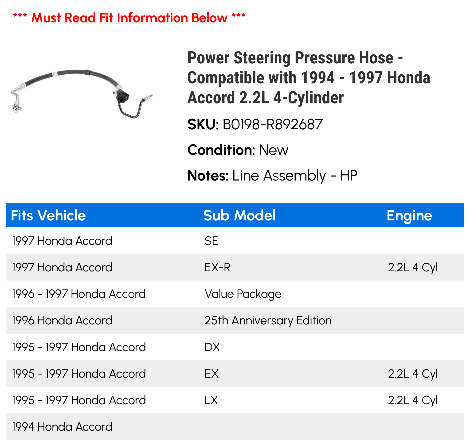 Power Steering Pressure Hose - Compatible with 1994 - 1997 Honda Accord 2.2L 4-Cylinder 1995 1996