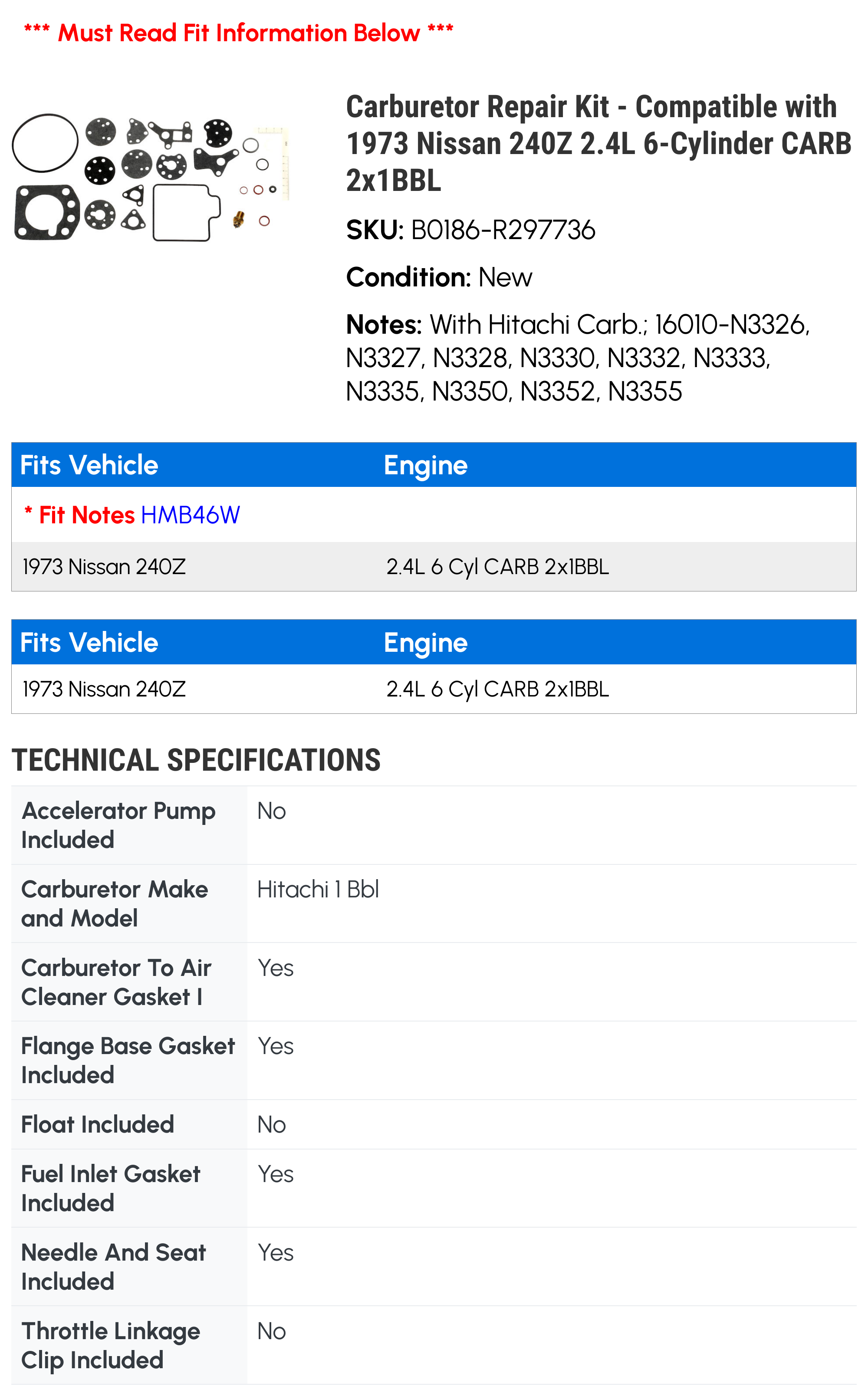Carburetor Repair Kit - Compatible with 1973 Nissan 240Z 2.4L 6-Cylinder CARB 2x1BBL