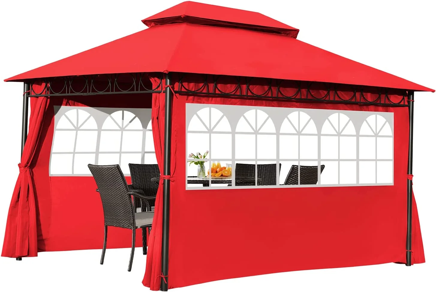 10'x13' Outdoor Gazebo Waterproof Canopies Gazebos Canopy Tent with 2 Sidewalls Translucent Windows for Backyard Outdoor Patio Party Events,Red