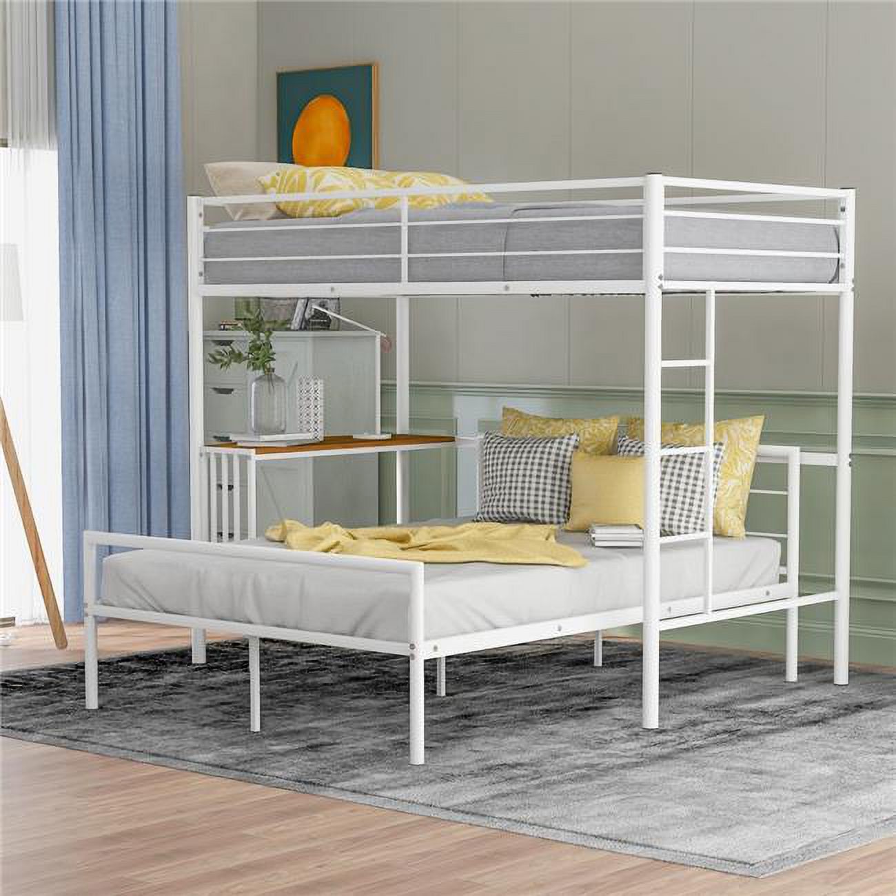 HomeRoots 403898 White Twin Over Full Size Metal Bunk Bed with Desk