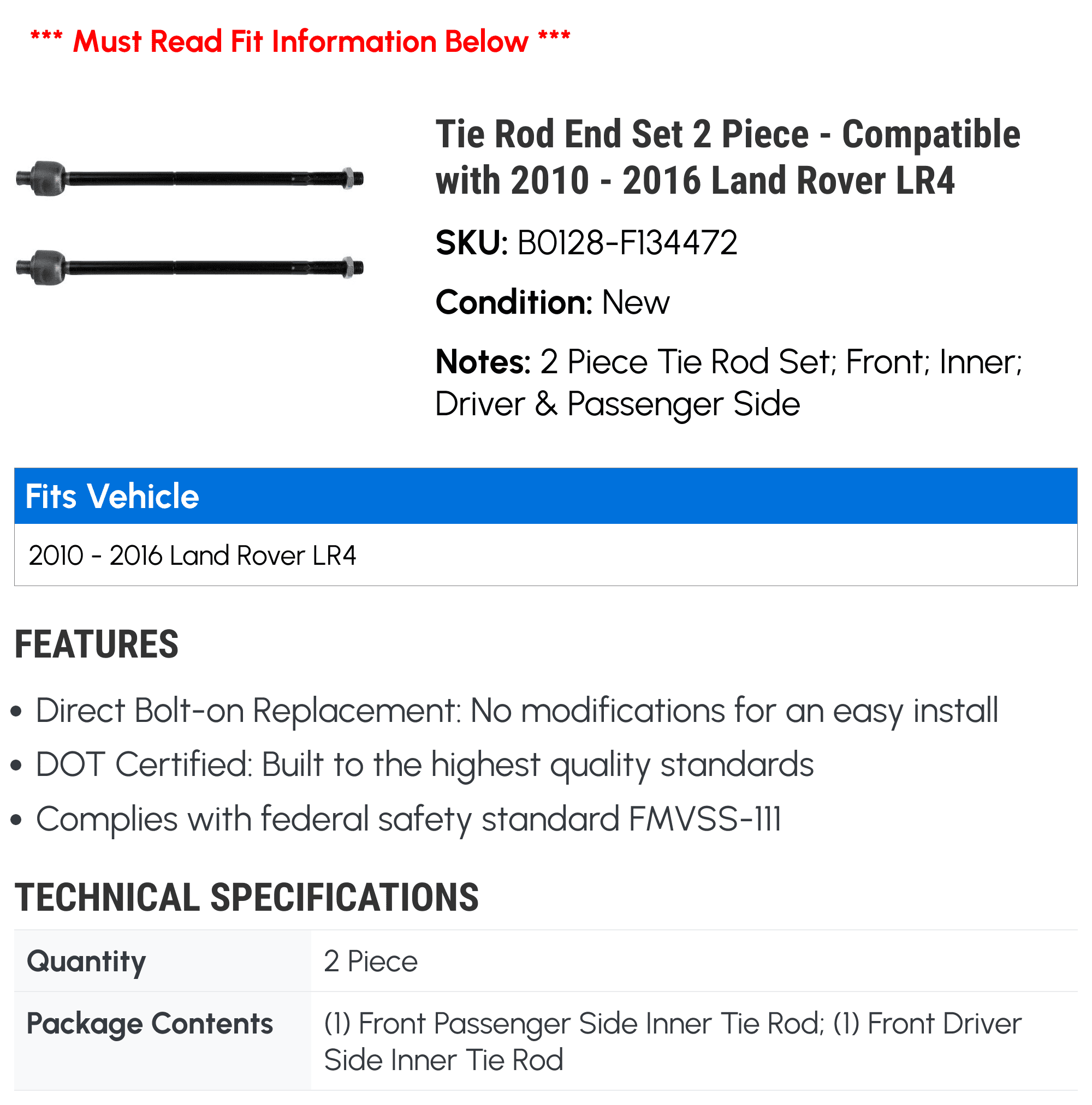 Tie Rod End Set 2 Piece - Compatible with 2010 - 2016 Land Rover LR4 2011 2012 2013 2014 2015