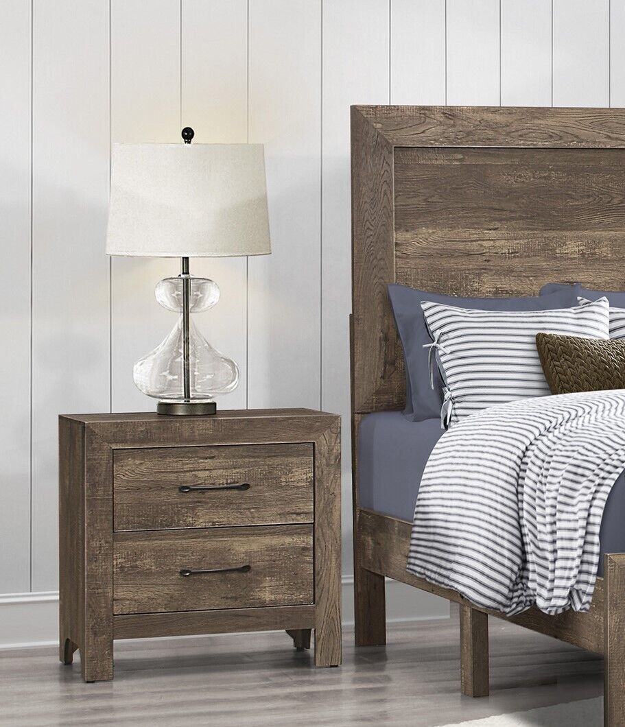 Rustic Brown Finish 3pc Bedroom Set Twin Size Bed 2x Nightstands Simple Look Bedroom Furniture