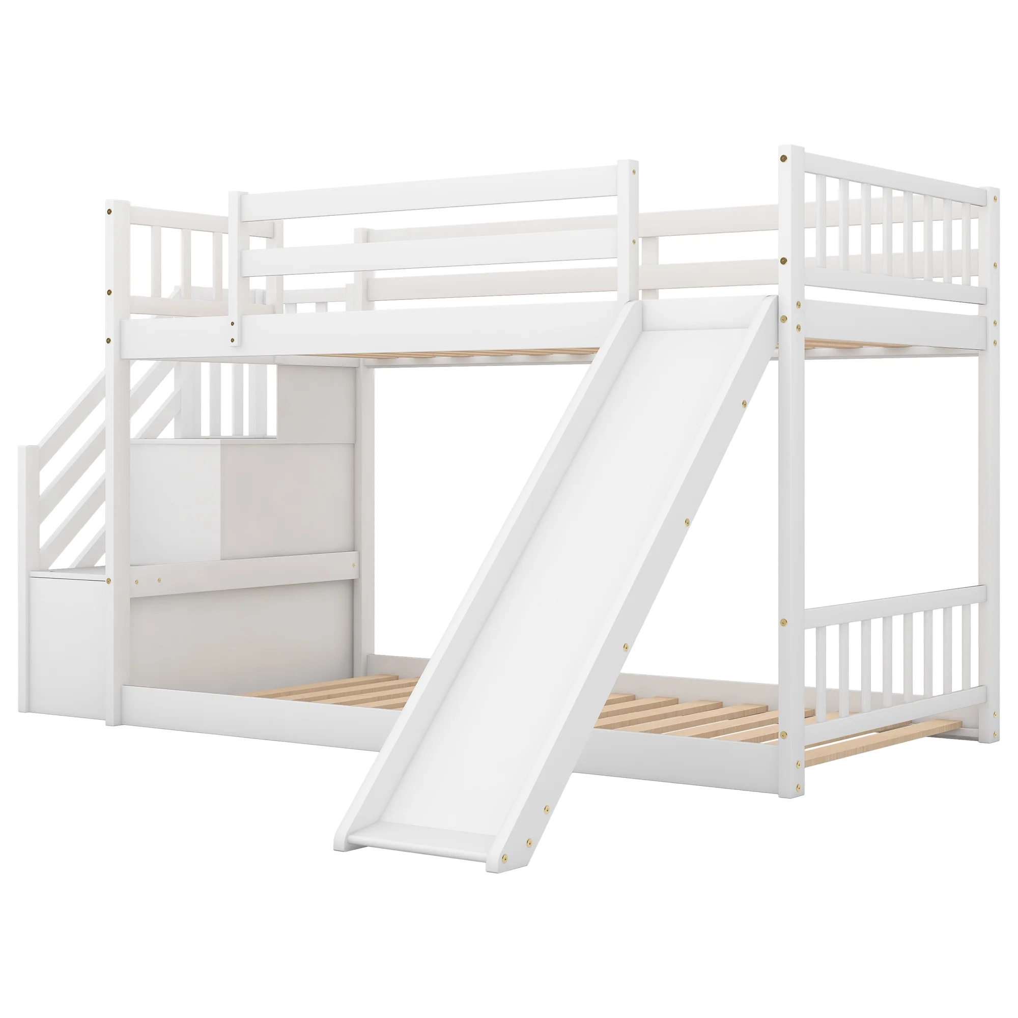 White Twin over Twin Bunk Bed with Convertible Slide and Stairway
