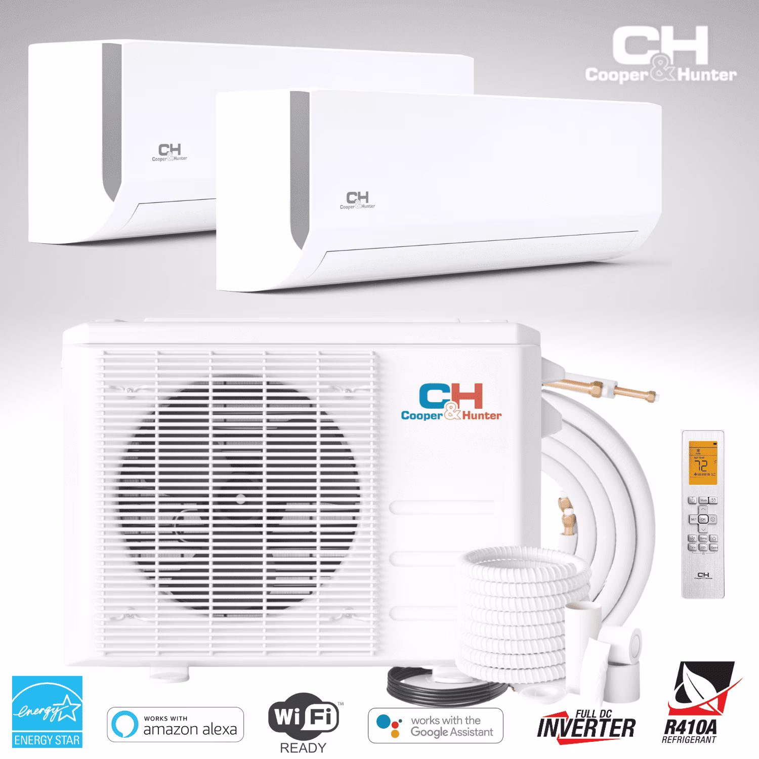 Cooper & Hunter 18000 BTU 230V Wall Mounted Dual 2 Zone Mini Split Heat Pump Air Conditioner 22.5 SEER 6000 + 9000 BTU Cover 650 Sq Ft WiFi