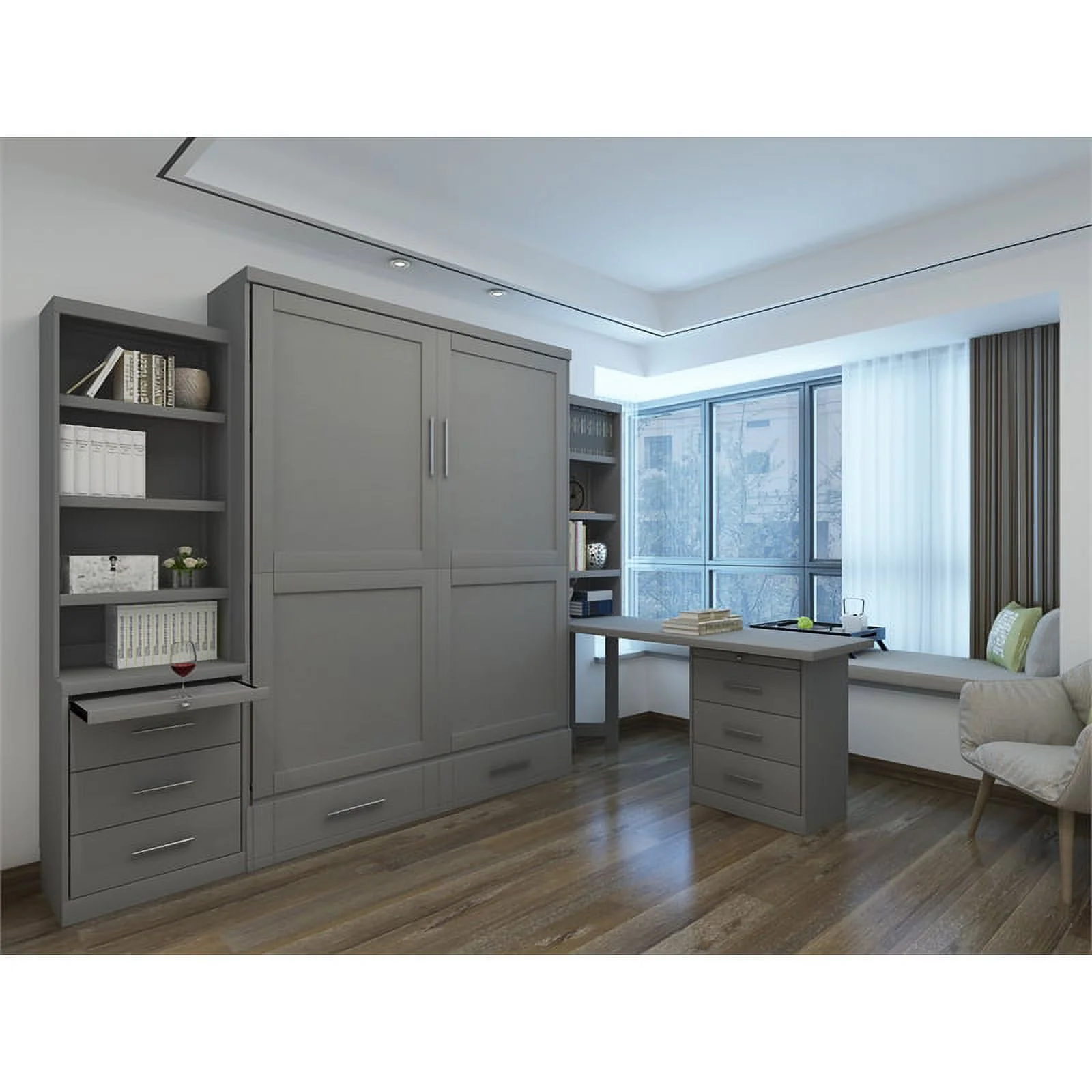 RoomAndLoft Queen Wood Murphy Wall Bed & 2 Shelf Storage Units in Gray