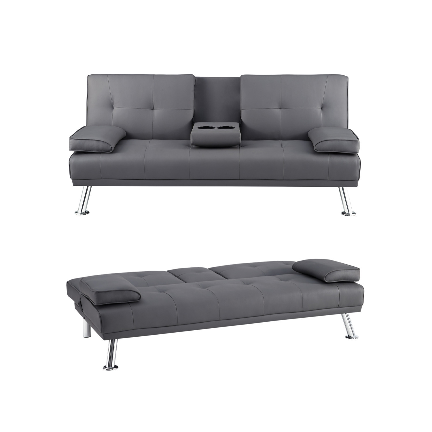 Convertible Faux Leather Futon Sofa Bed, Folding Sofa Couch with arm rest, 2 cup holders and Chrome metal Legs, Gray