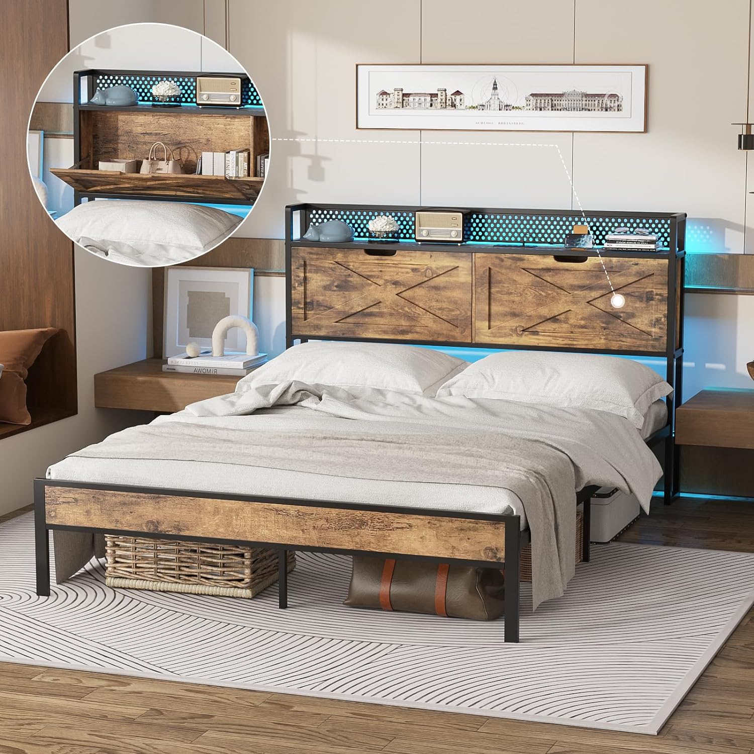 Queen Size LED Bed Frame with Storage Headboard, Platform Metal Farmhouse Bed with Charging Station, 2 Hidden Shelves, Free, Vintage Brown