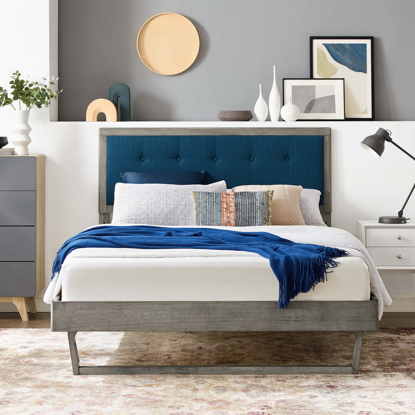 Modway Willow King Wood Platform Bed With Angular Frame in Gray Azure