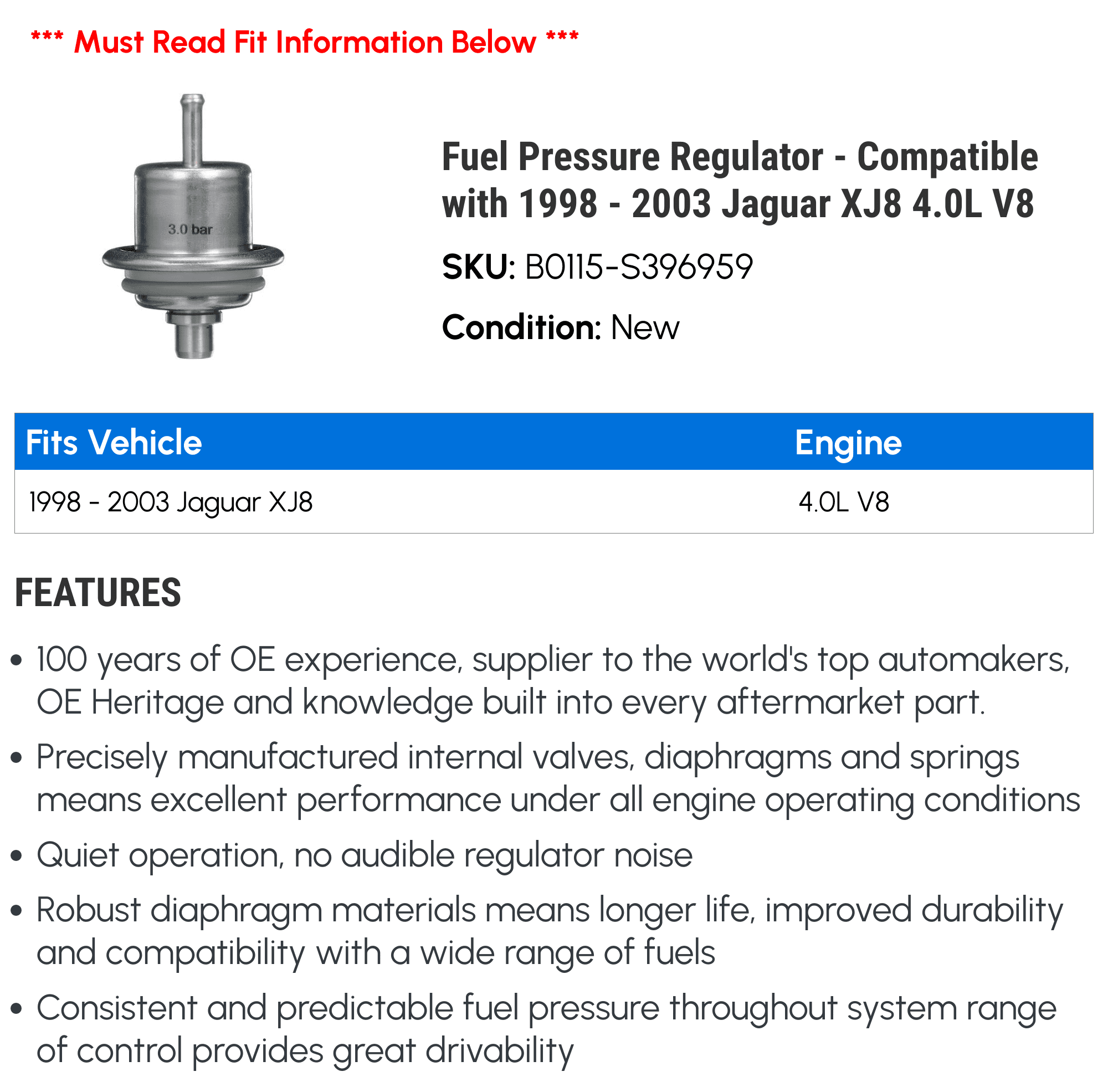 Fuel Pressure Regulator - Compatible with 1998 - 2003 Jaguar XJ8 4.0L V8 1999 2000 2001 2002