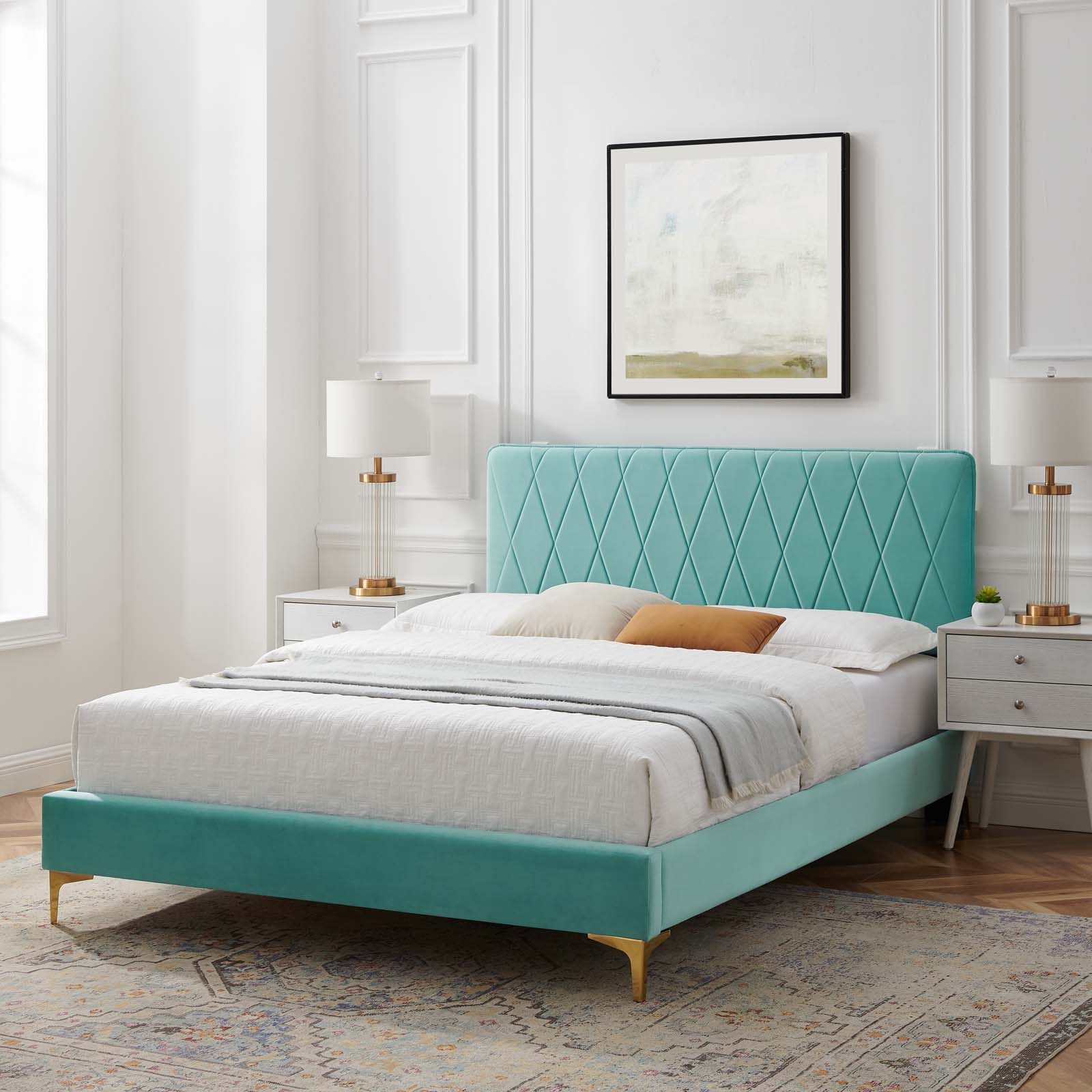 Modway Phillipa Performance Velvet King Platform Bed in Mint