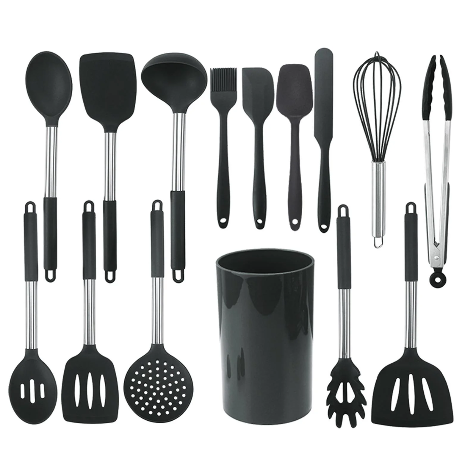 15x Stainless Steel Cooking Utensils Heat Resistant with Holder Nonstick Kitchen Utensils Set Kitchen Tools for Barbecue Cooking Accessories Black