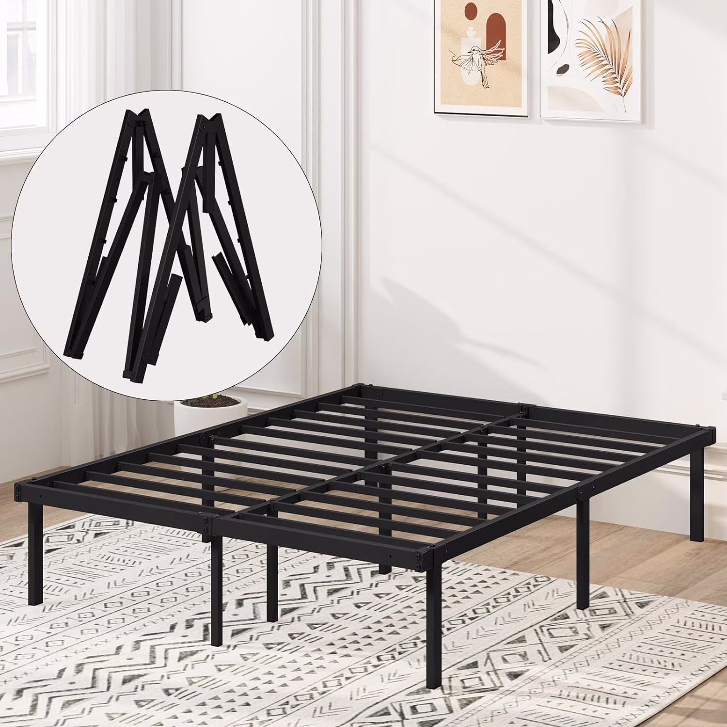 Flolinda Heavy Duty Full Size Metal Platform Bed Frame Foldable Full Size Bed Frame 14