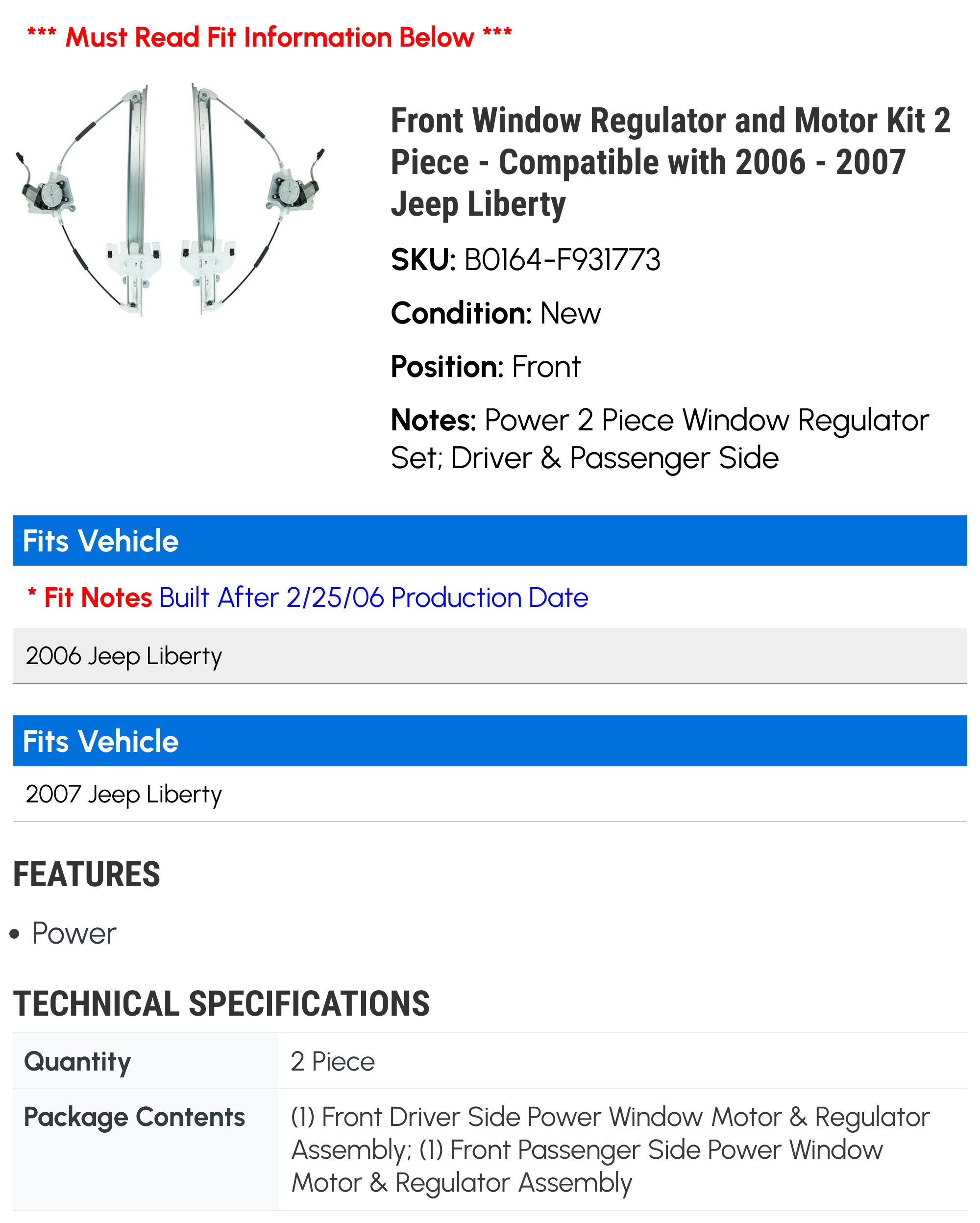 Front Window Regulator and Motor Kit 2 Piece - Compatible with 2006 - 2007 Jeep Liberty