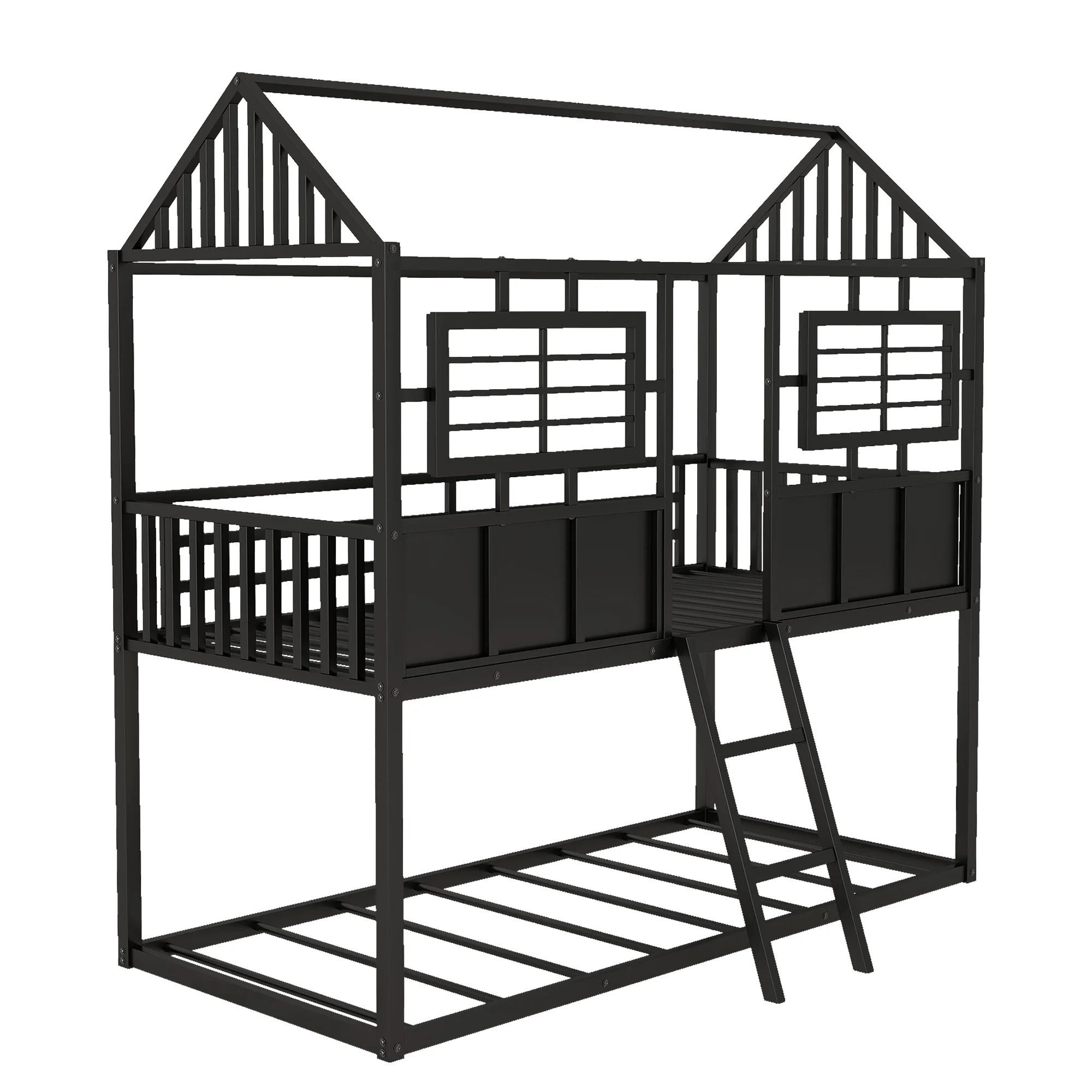 Twin over Twin House Bunk Bed with Windows, Metal Bunk Bed Frame with Roof and Fence-shaped Guardrail, Bunk Bed Frame with Guardrails (Black)