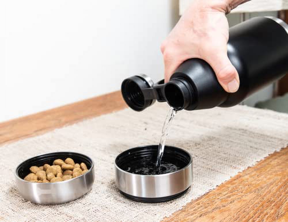32 OZ (1L) Stainless Steel Pet and Person Travel Bottle (Black with Silver Color) Wide Mouth Water Bottle, Person and Dog Travel Bottle with 2 Detachable Bowls, Hiking, Walking, Pet Travel Must Have