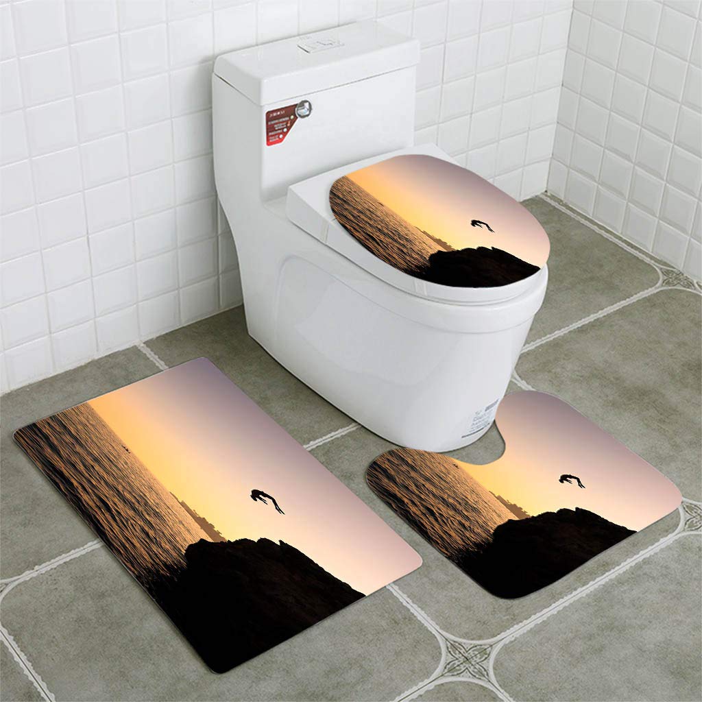CHAPLLE Jumping to Water at Sunset 3 Piece Bathroom Rugs Set Bath Rug Contour Mat and Toilet Lid Cover