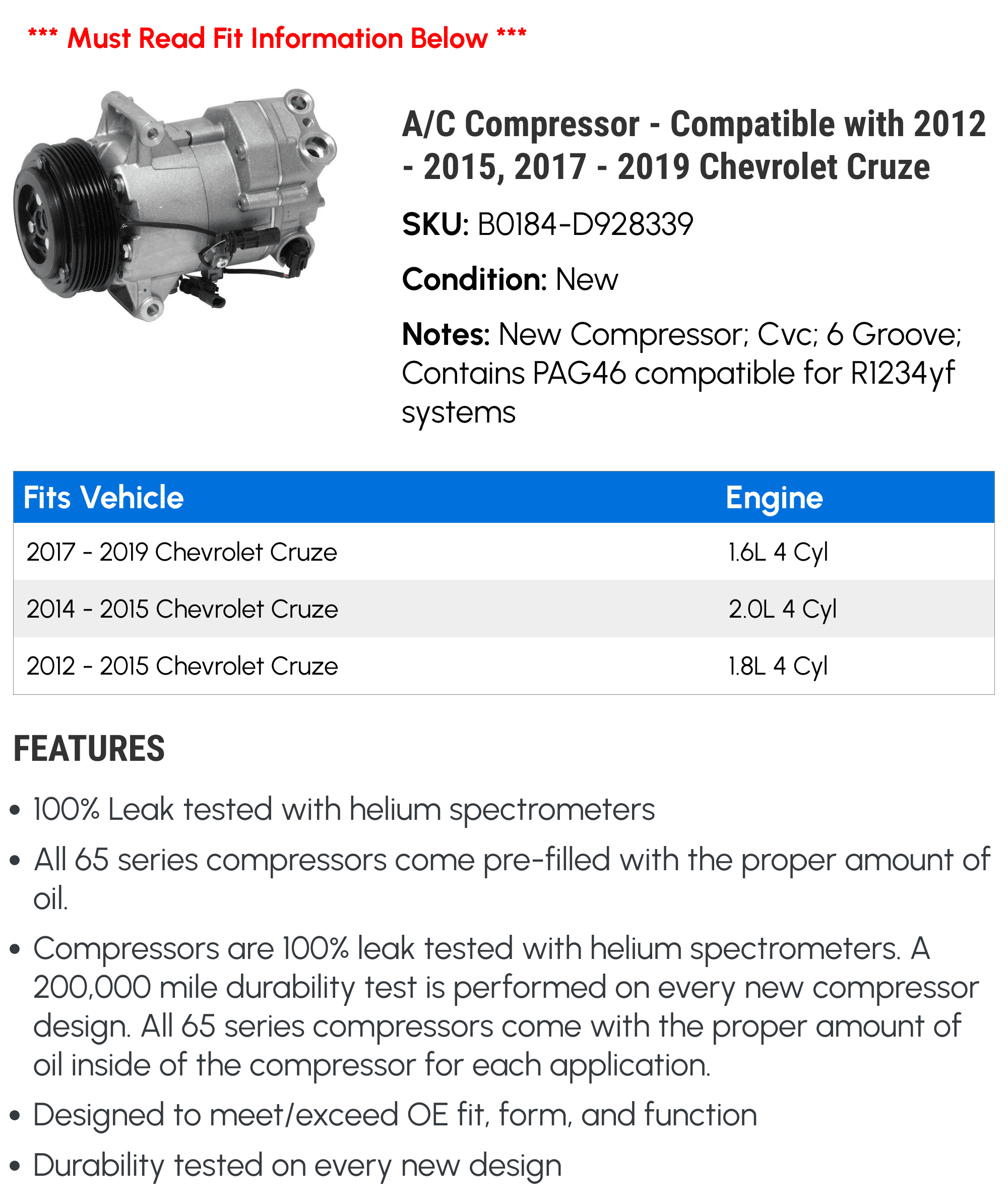 A/C Compressor - Compatible with 2012 - 2015, 2017 - 2019 Chevy Cruze 2013 2014 2018