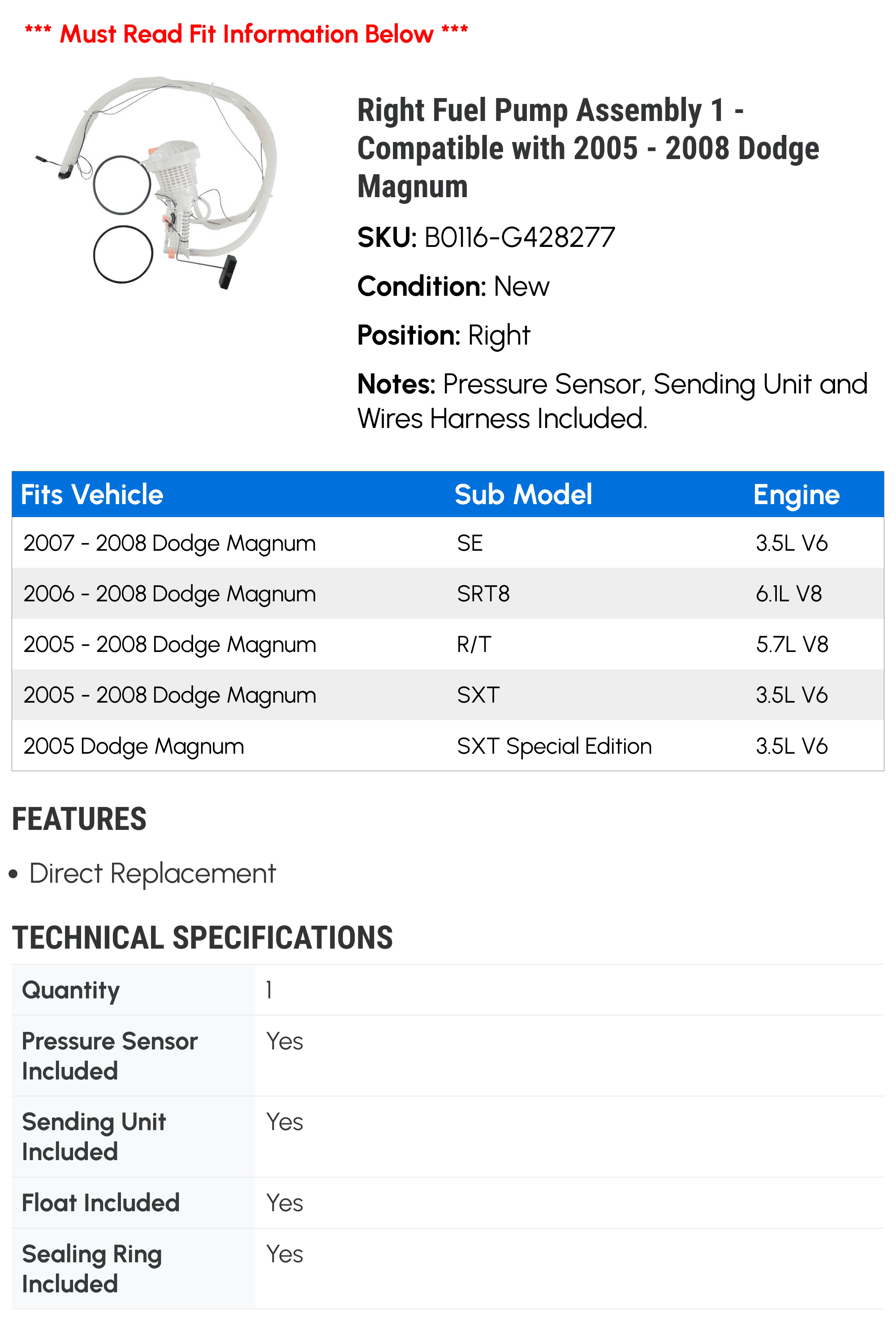 Right Fuel Pump Assembly 1 - Compatible with 2005 - 2008 Dodge Magnum 2006 2007
