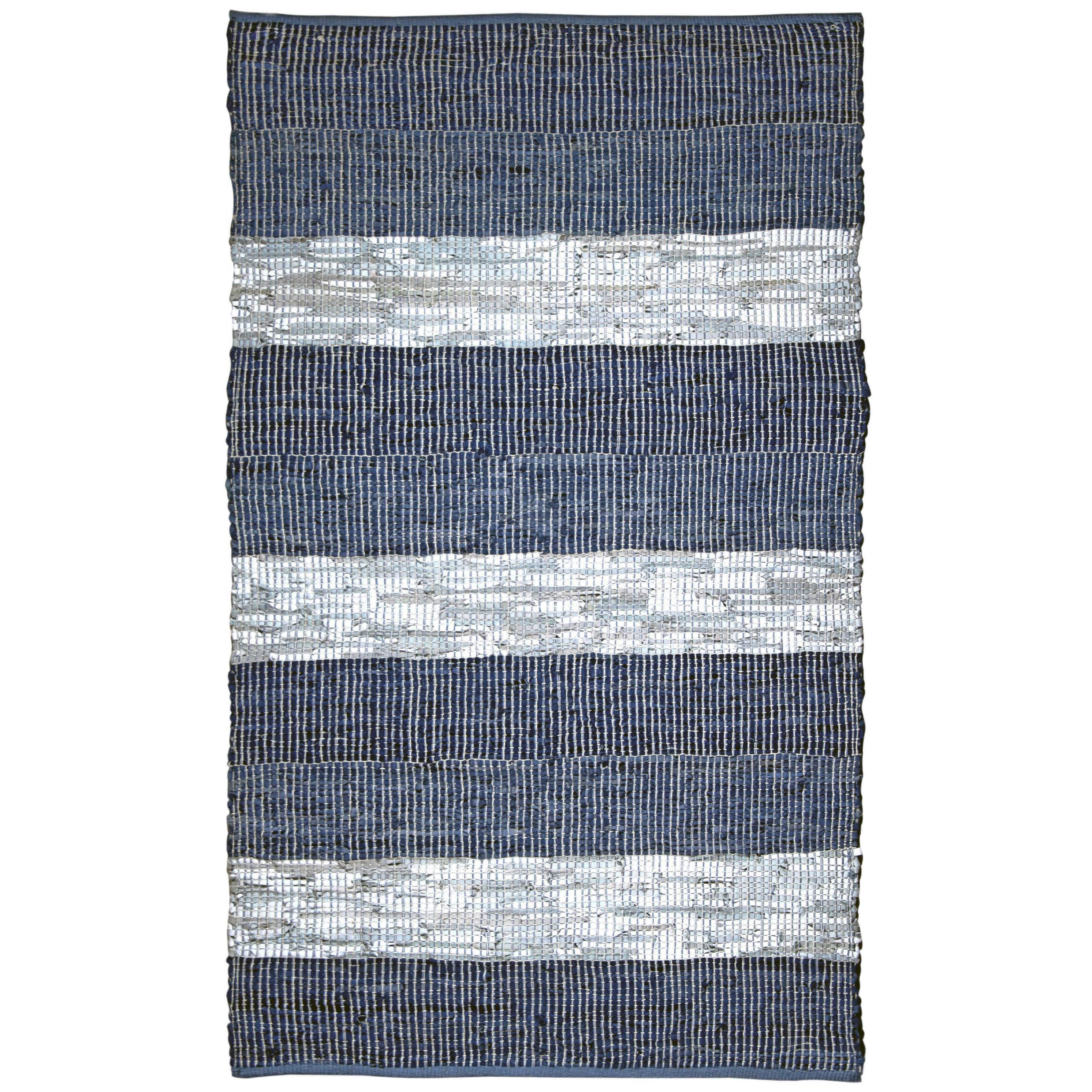 St. Croix Trading Blue Striped Matador Leather Chindi Rug 5' x 8' Stripe 5' x 8' Indoor Rectangle Cabin & Lodge, Casual