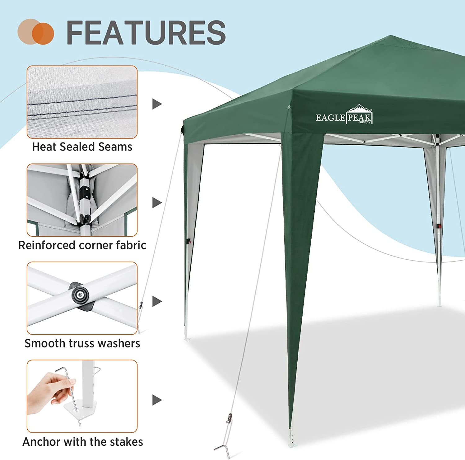 EAGLE PEAK 10' x 10' Outdoor Straight Leg Instant Pop Up Canopy Tent , Portable Folding Gazebo Shelter, Waterproof Top with Sealed Seams, with Carry Bag, Green