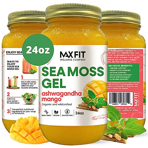 Sea Moss Gel Organic Ashwagandha Mango (25 Flavors) 24oz Wildсrafted Gold Sea Moss Gel from Saint Lucia | 92 Vitamins and Minerals | Pure Raw+Non-GMO