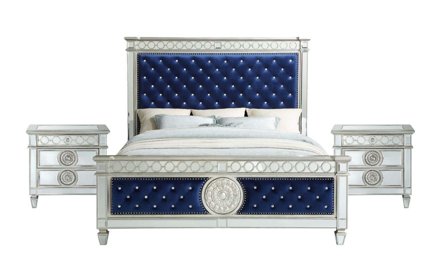 Blue Velvet & Mirrored Eastern King Bed Bedroom Set by Acme Varian 26147EK-3pcs