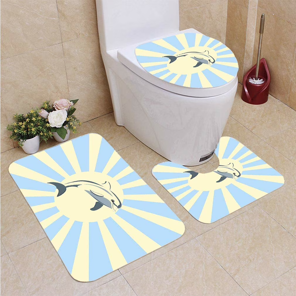 PUDMAD Dolphin Sun 3 Piece Bathroom Rugs Set Bath Rug Contour Mat and Toilet Lid Cover