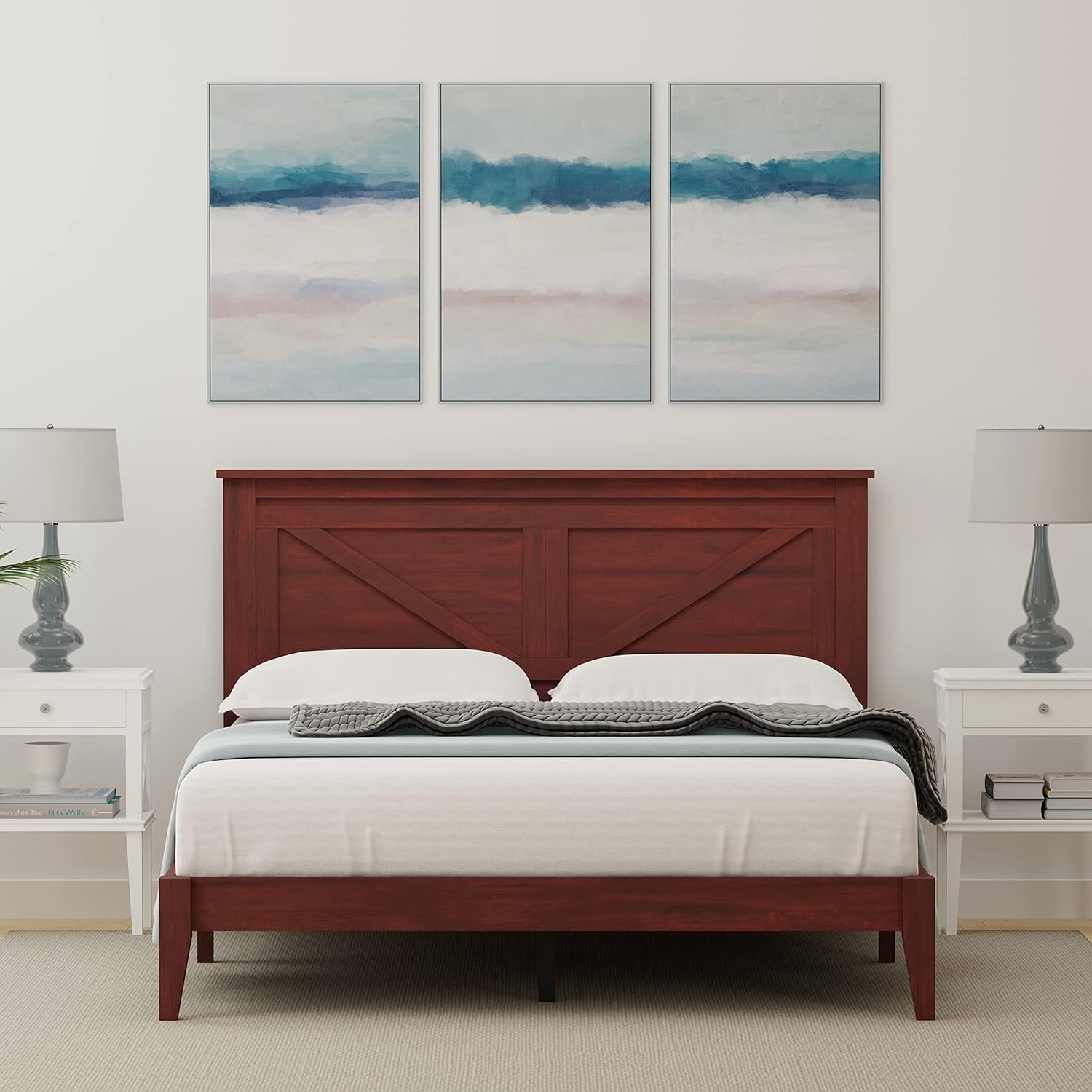 Farmhouse Solid Wood Platform Bed In Queen - Classic Cherry