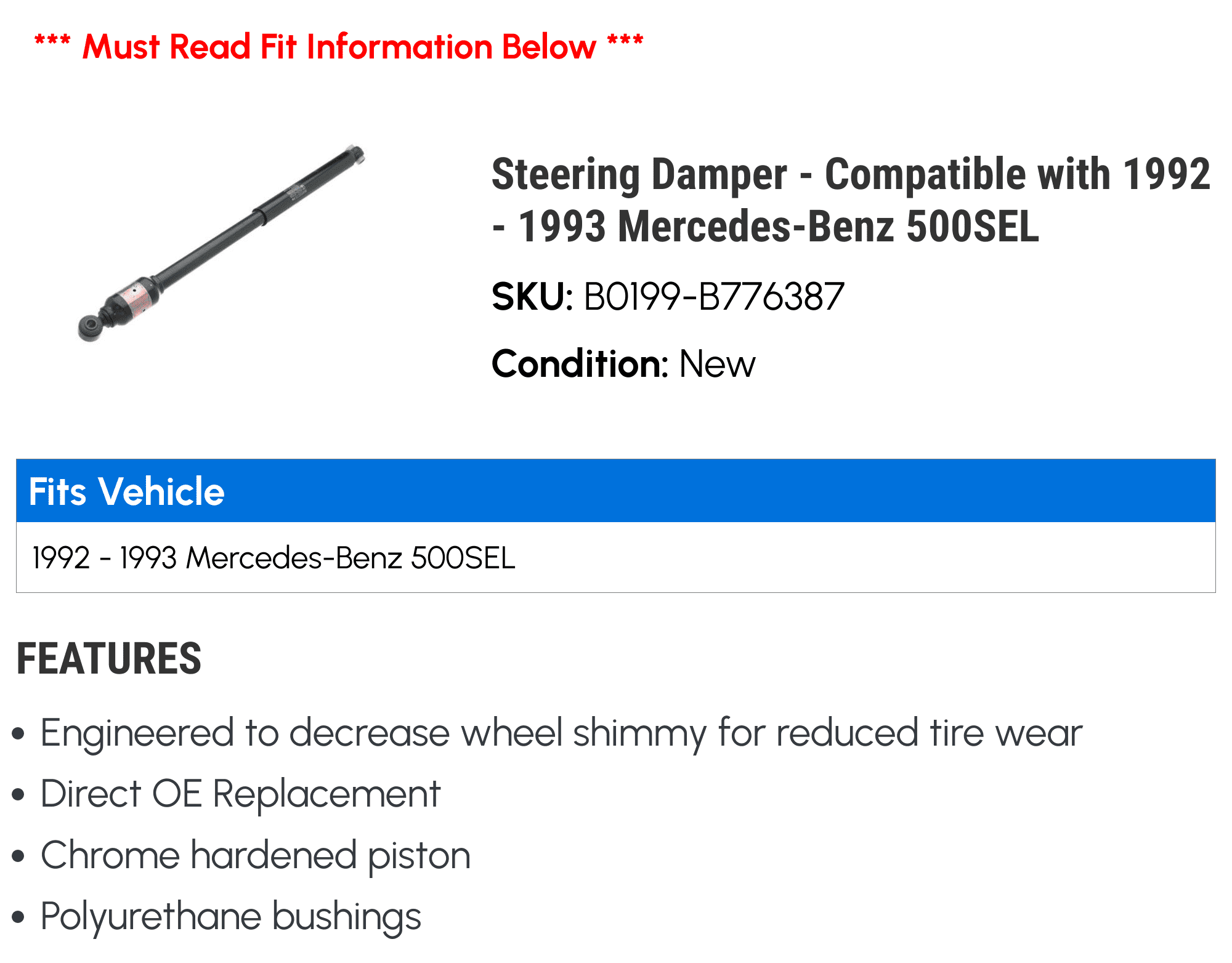 Steering Damper - Compatible with 1992 - 1993 Mercedes-Benz 500SEL