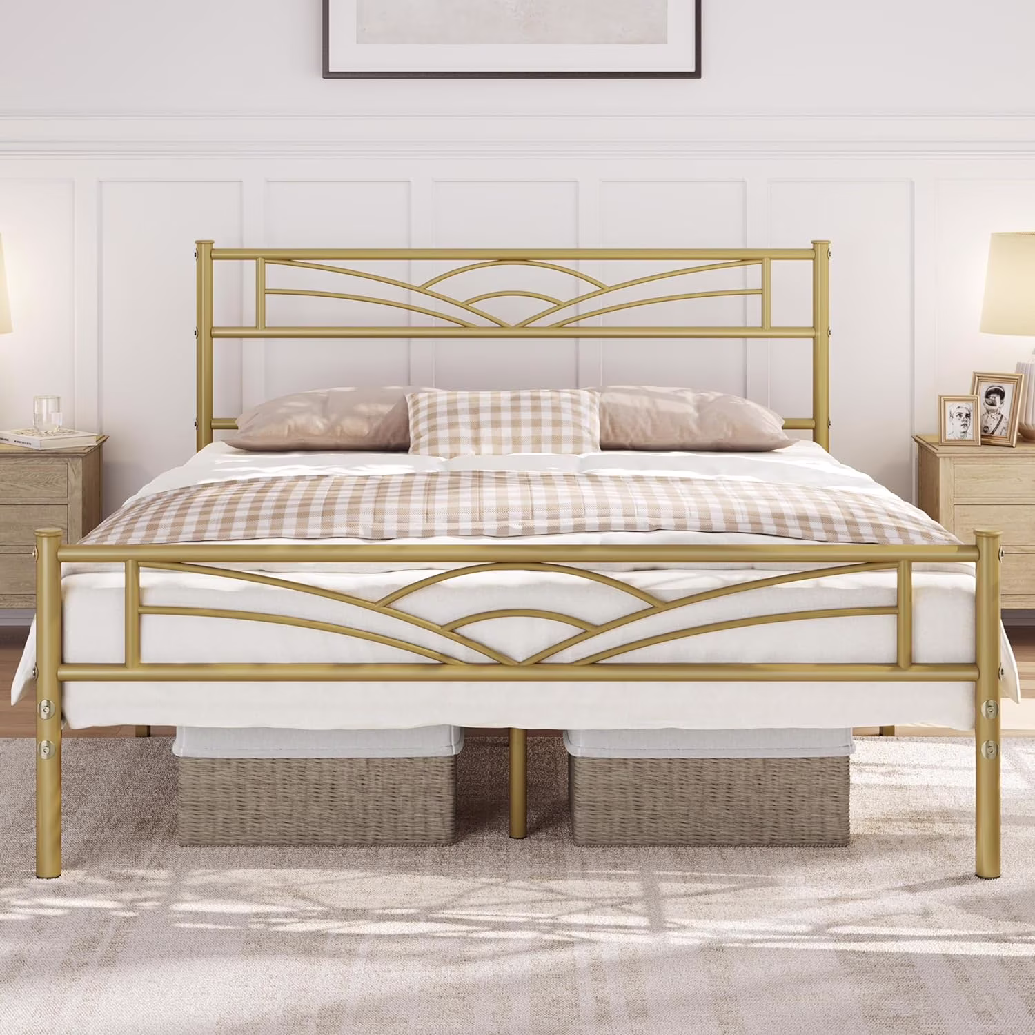 Full Size Bed Frames Metal Platform Bed Mattress Foundation with Cloud-Inspired Design Headboard/Footboard/Ample Under Bed Storage/No Box Spring Needed/Antique Gold