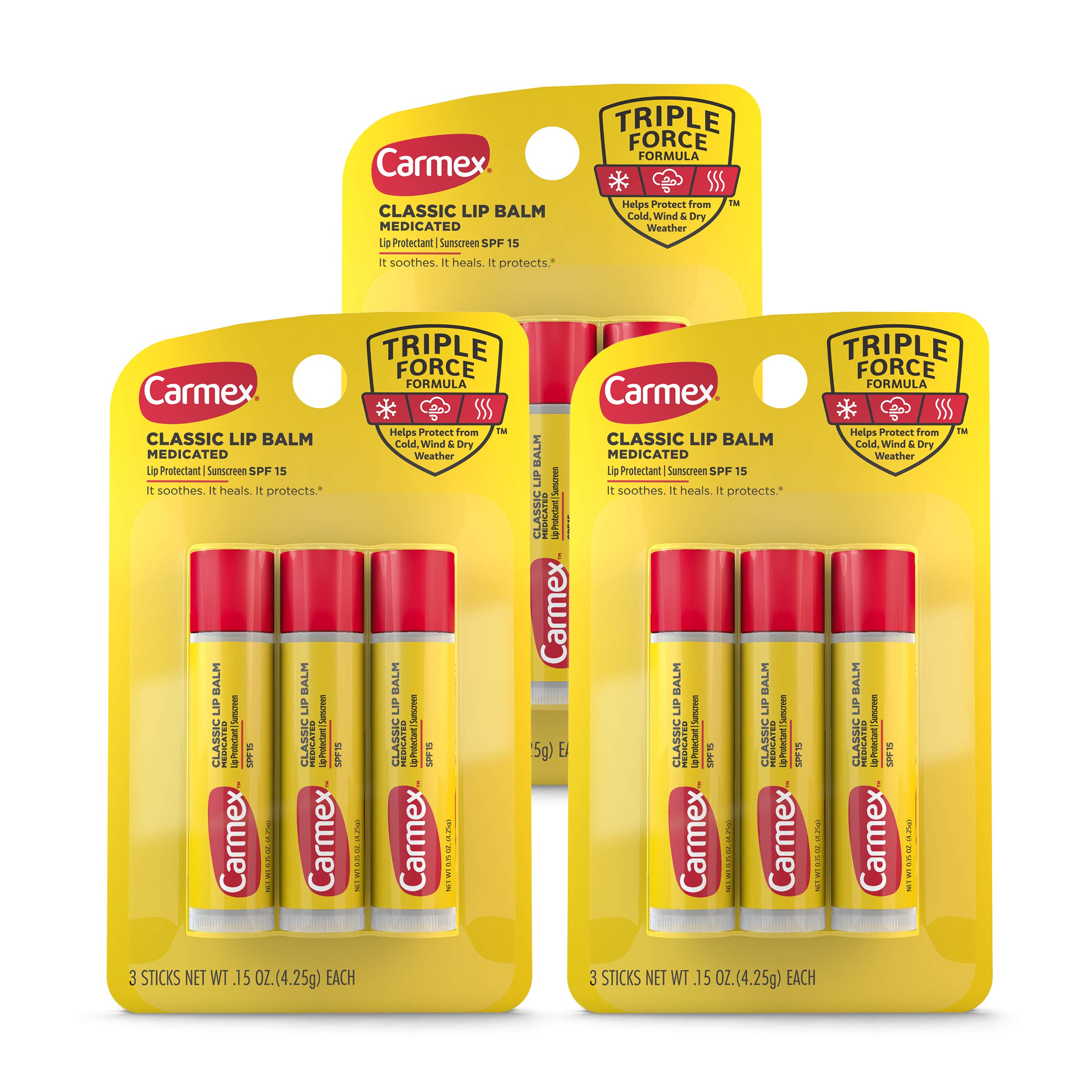 Carmex Medicated Lip Balm Sticks, Lip Moisturizer For Dry, Chapped Lips, 0.15 Oz - (3 Pack Of 3)
